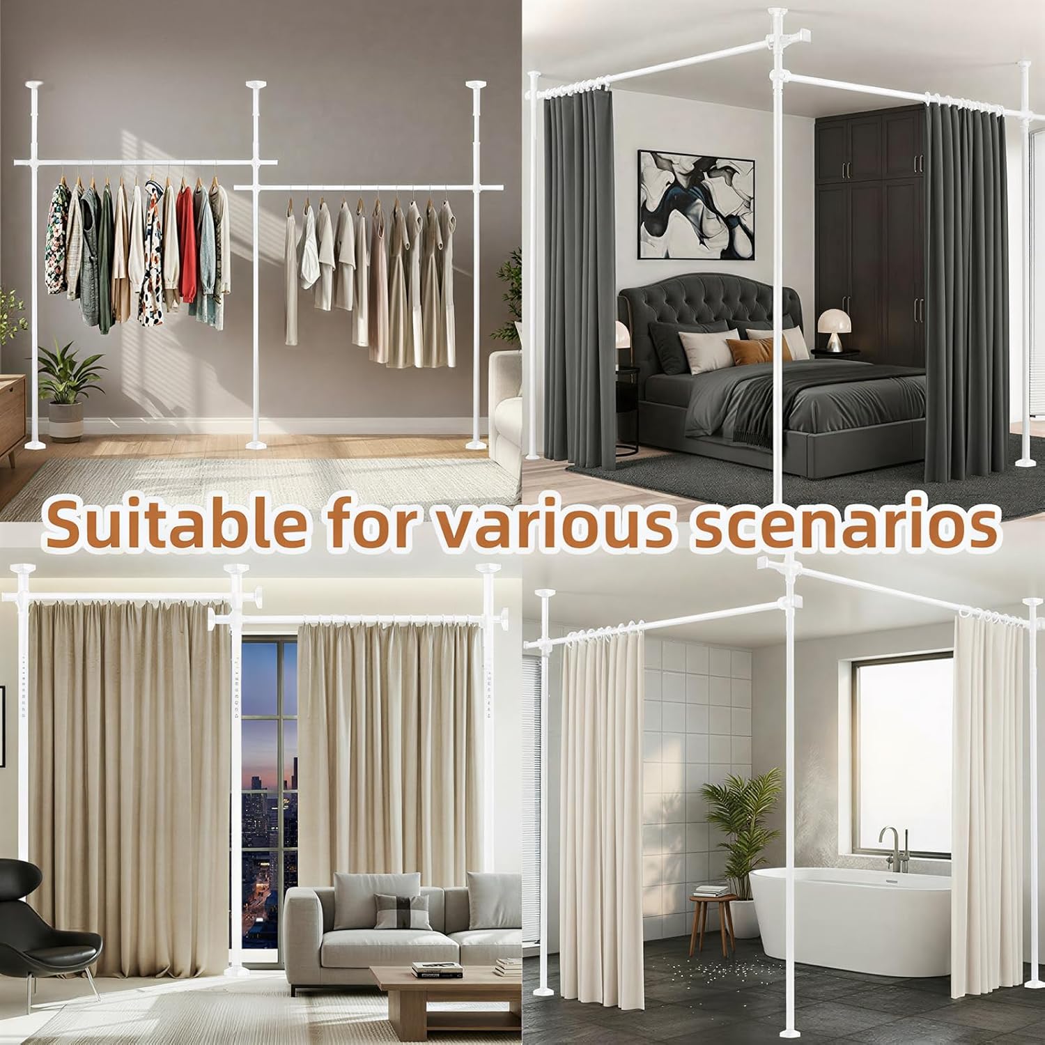 Room Divider No Drilling Curtain Rod Wall Divider for Room Separation, 4-10ft(H) 28-140inch(W) Adjustable Temporary Privacy Wall Divider, Heavy Duty Partition Separator Freestanding Tension, White
