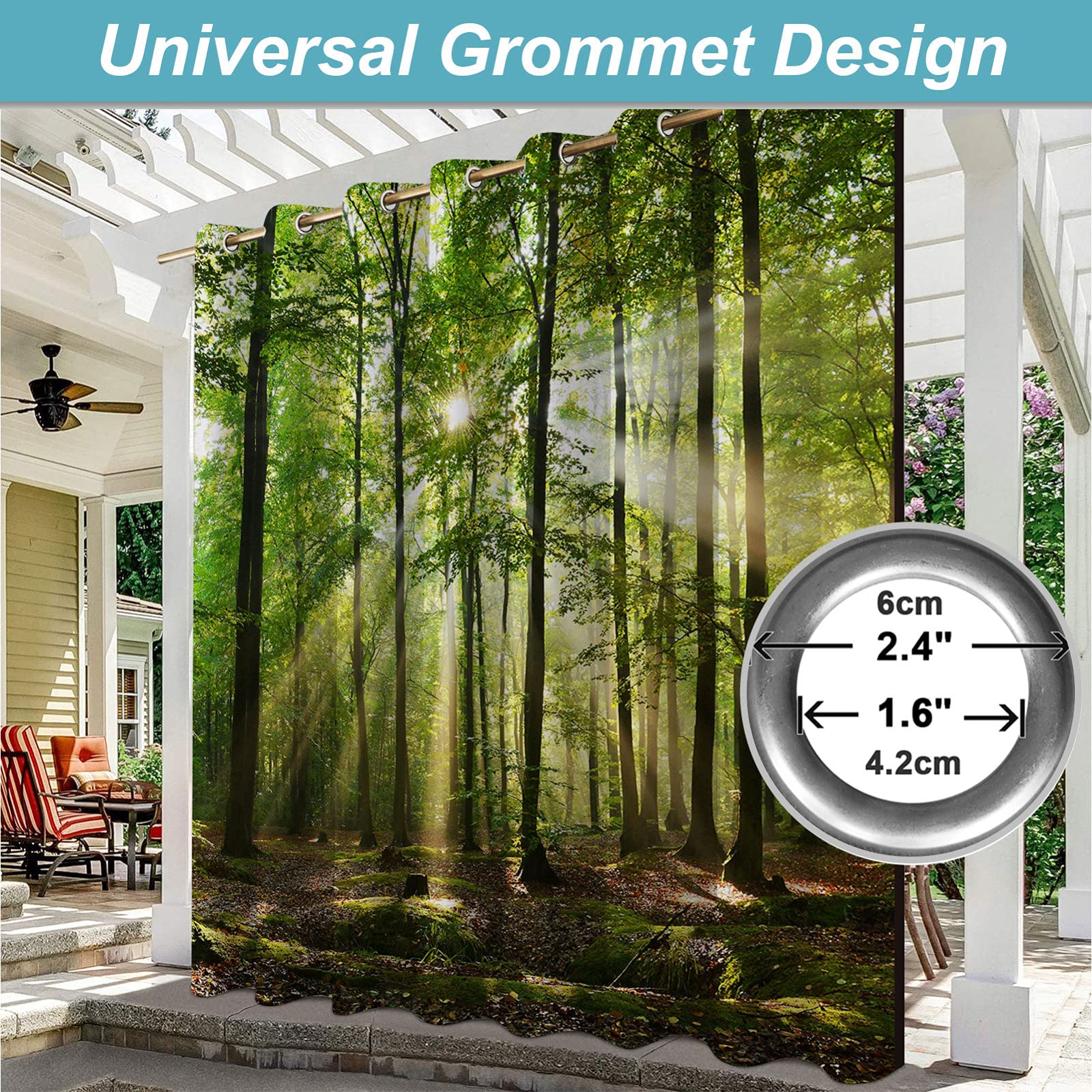 NYKJBD Wetterfest Outdoor Vorhänge mit Ösen, Bedruckte Outdoor Vorhang Waldlandschaft Muster, Blickdicht Thermisch Isoliert UV Schutz Vorhänge für Terrasse, 1 Stück,#H-213x244cm(BxH)