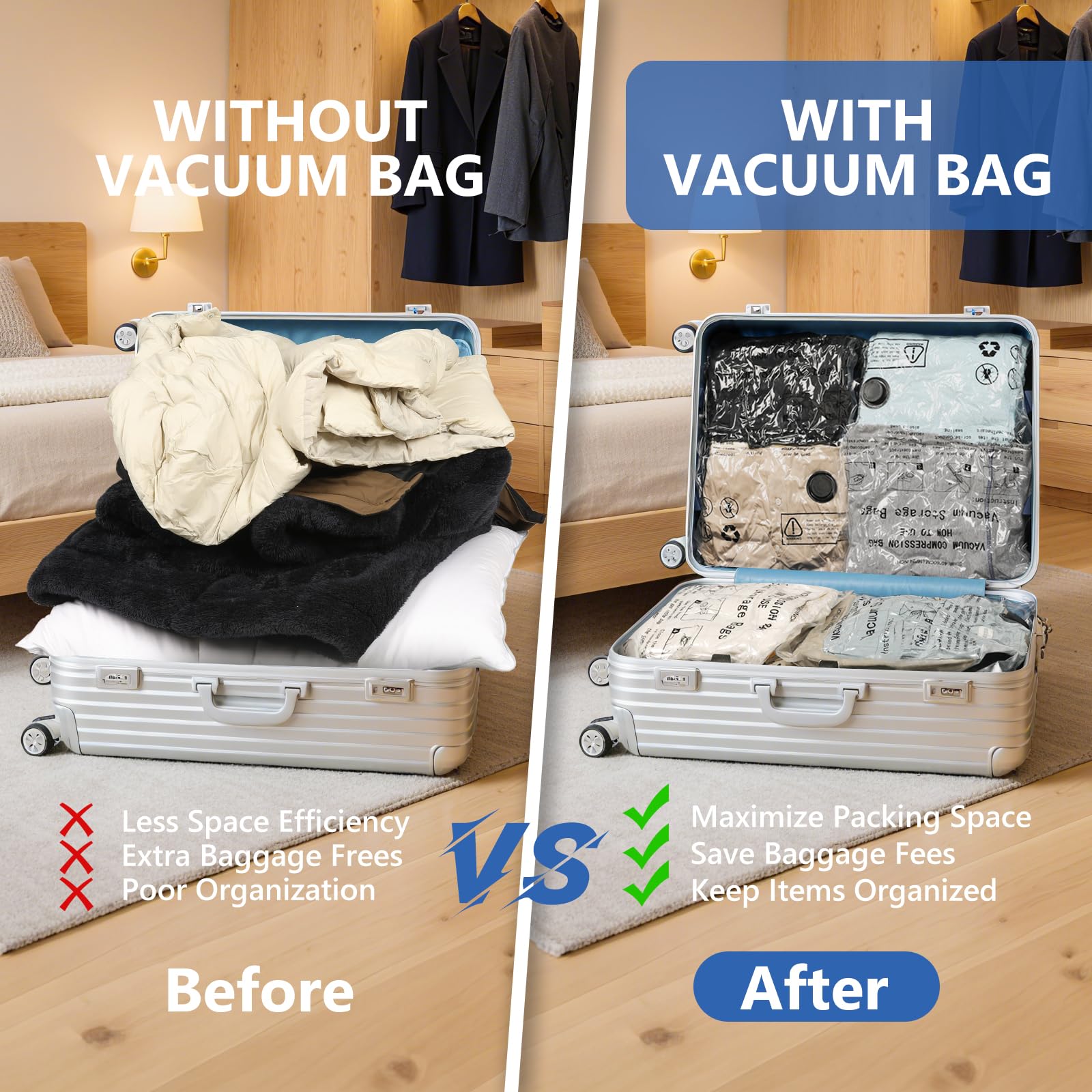 NESCCI Reise-Vakuumbeutel für Kleidung mit wiederaufladbarer, kabelloser Luftpumpe, 36 Stück, Kompressions-Verpackungsbeutel für Gepäck, Koffer, Handgepäckgröße, platzsparende