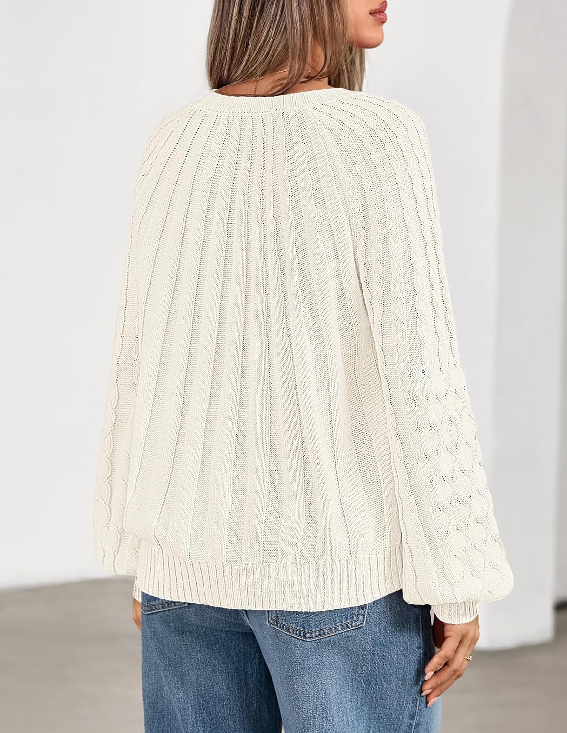 MEROKEETY Women's Fall Cable Knit Sweater 2025 Fashion Warm Crew Neck Lantern Sleeve Chunky Winter Pullover Tops - Image 4