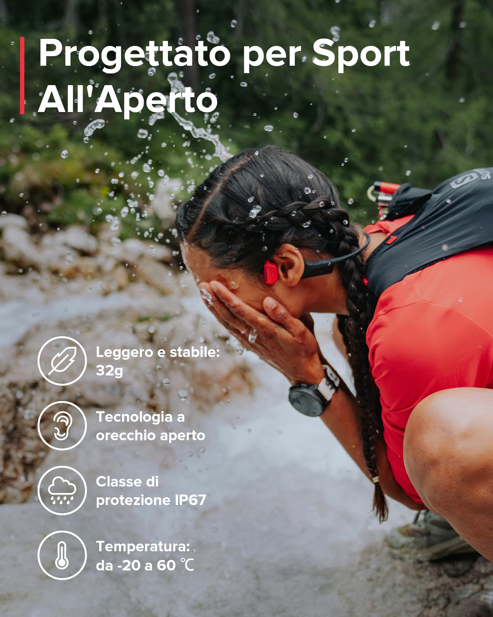 SUUNTO Wing Cuffie Conduzione Ossea Senza Fili, Auricolari Sport Bluetooth 5.2 Wireless Open Ear Impermeabili IP67, Controllo del Movimento della Testa, Luce LED, Autonomia di 10 Ore, per Corsa