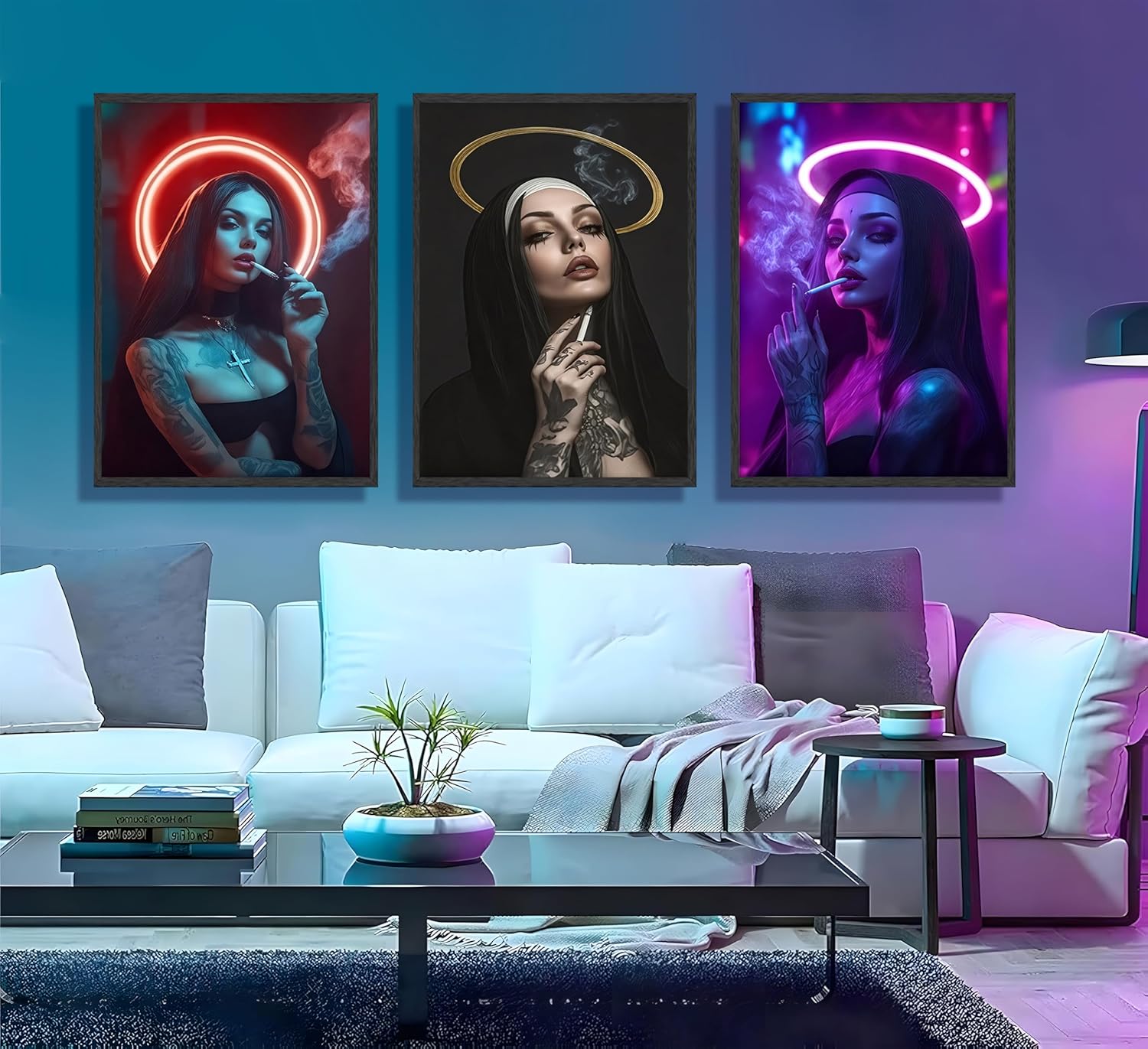 FJKLRP 3pcs Fashion Neon Nun Wall Art Cyberpunk Tattooed Feminine Canvas Print Dark neon Aesthetic Wall Decor for Bedroom Living Room Dorm Apartment Home Decor Unframed