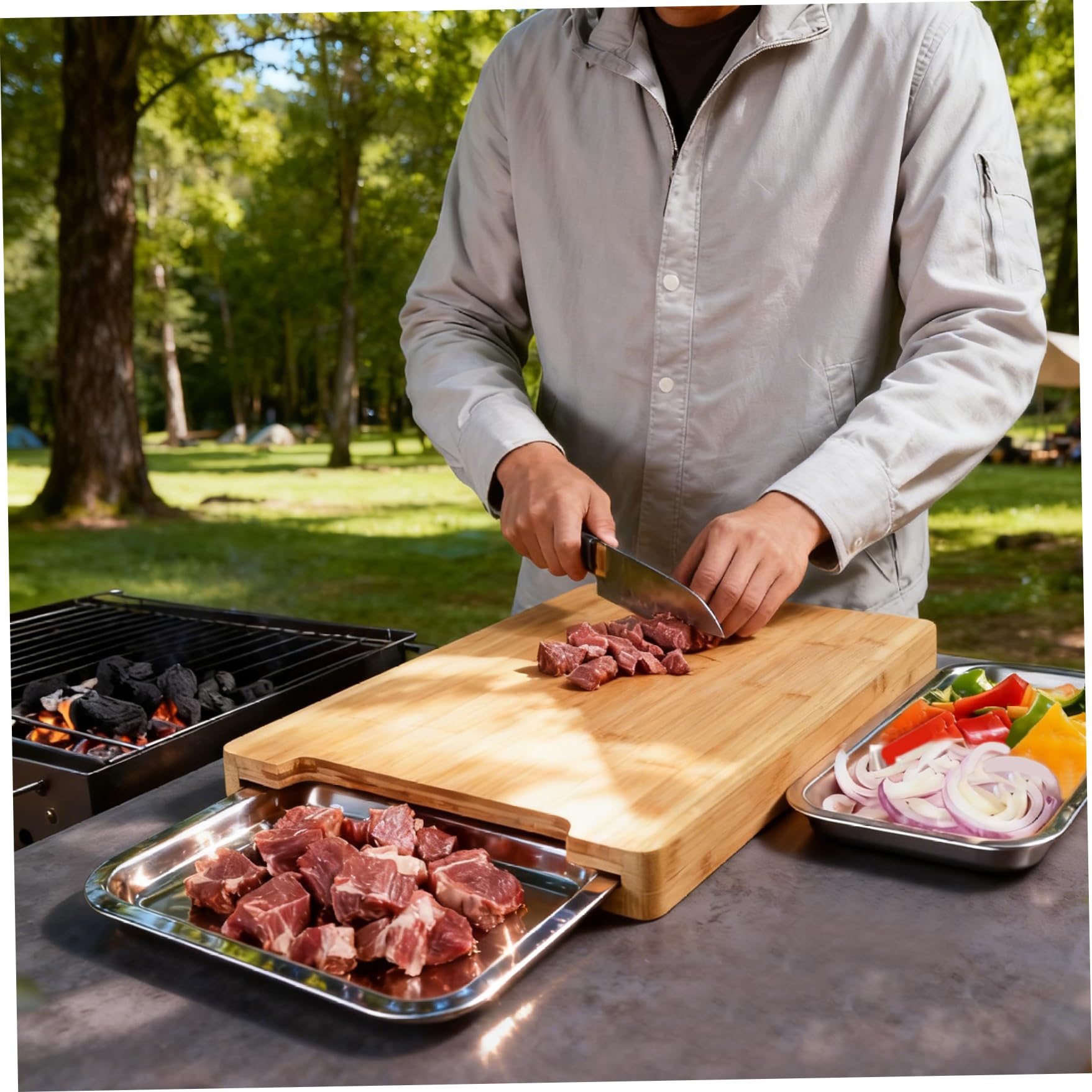 Tabla de cortar de bambú natural con bandeja deslizante antideslizante, práctica herramienta de cocina para cortar, cortar y tallar, ecológica y de diseño