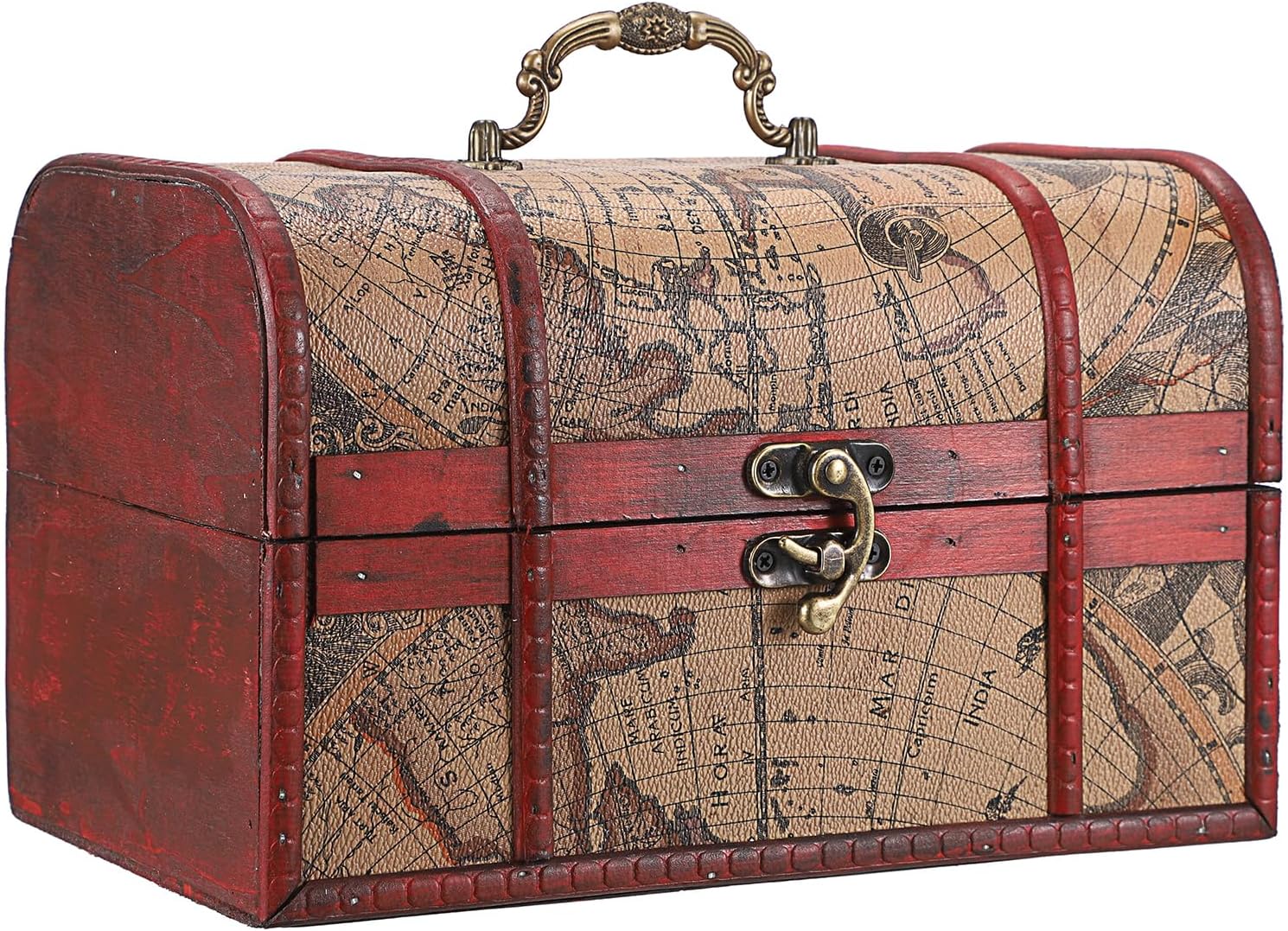 ELLDOO Vintage Treasure Chest Box, Pirate Keepsakes Box for Kids Gifts, Wooden Treasure Storage Box Map Pattern Decorative Box for Jewelry Pearl Trinkets, Large