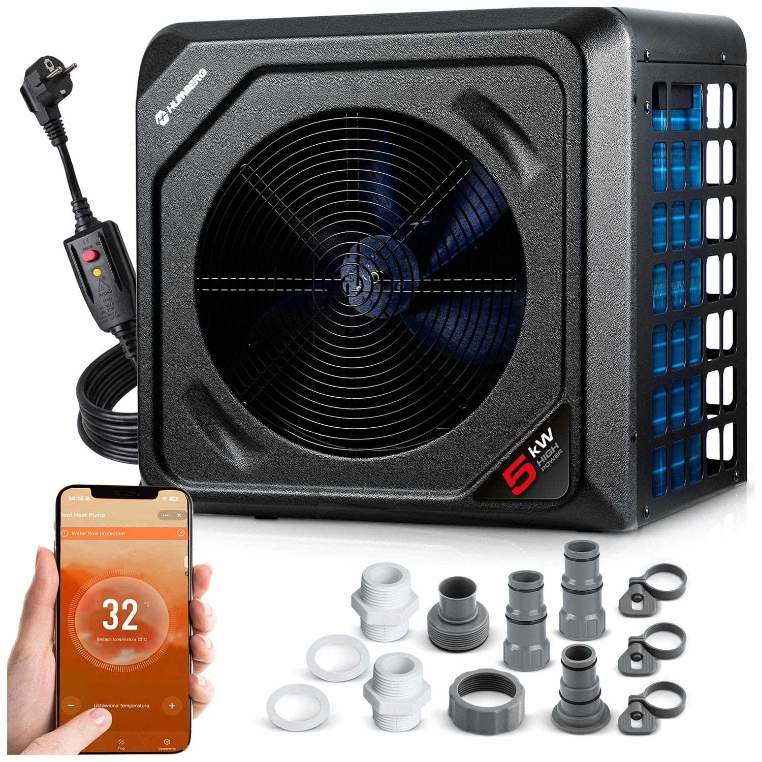 Humberg Pompa di calore per piscina, 5 kW, riscaldamento per piscine fino a 30.000 l, efficienza energetica, silenzioso 48 dB, controllo app Wi-Fi, LCD, COP 5,17, piscina da giardino fino a 8-20 m³