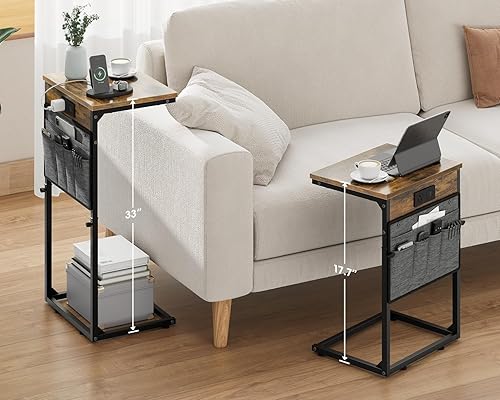 Miniatura 2 de Vagusicc Mesa auxiliar en forma de C con estación de carga, mesa auxiliar de 33 pulgadas de alto para sofá, mesa de sofá de altura ajustable, mesa