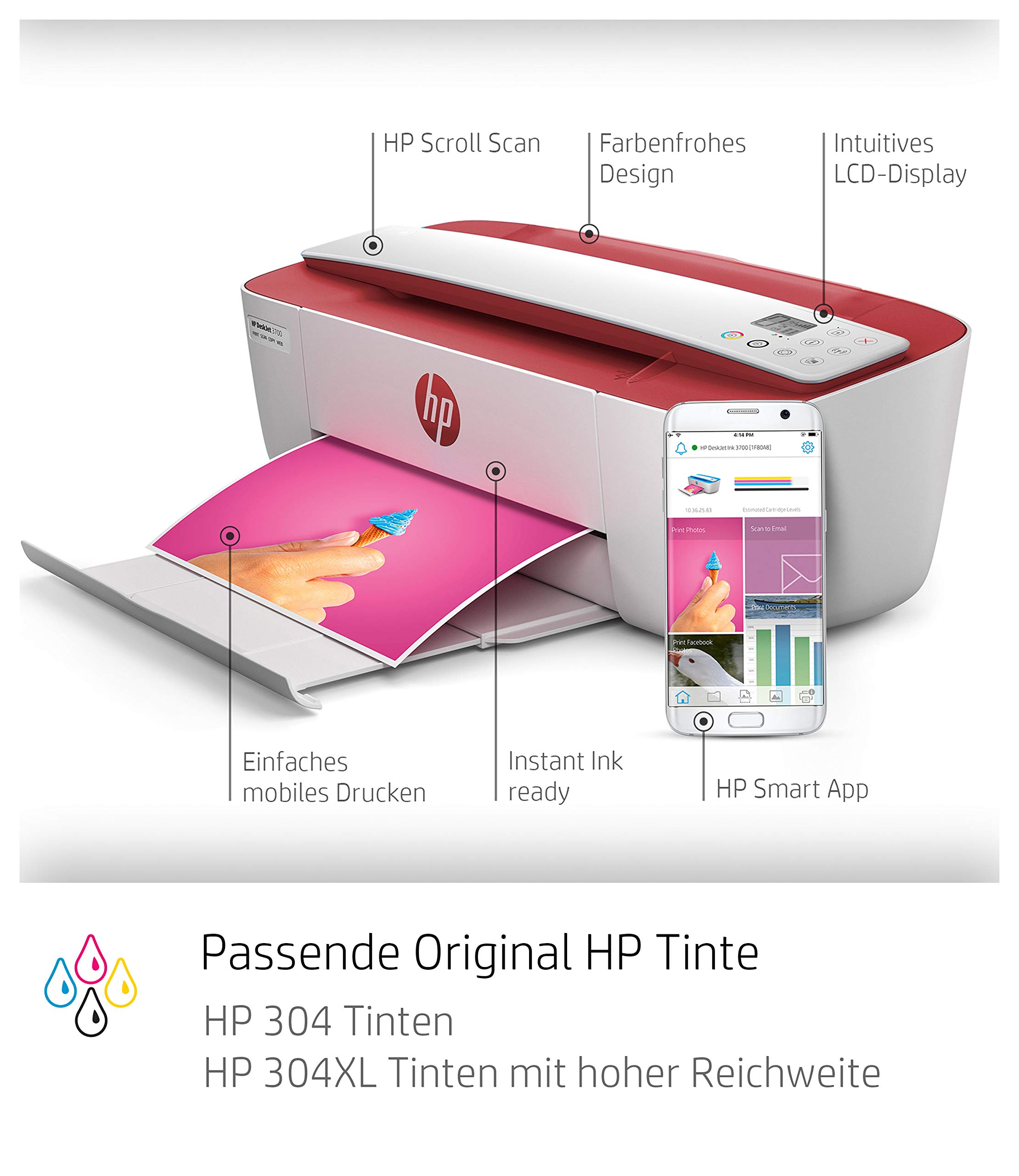 HP DeskJet 3764 Multifunktionsdrucker (Drucken, Scannen, Kopieren, WLAN, Airprint, mit 2 Probemonaten HP Instant Ink Inklusive) rot