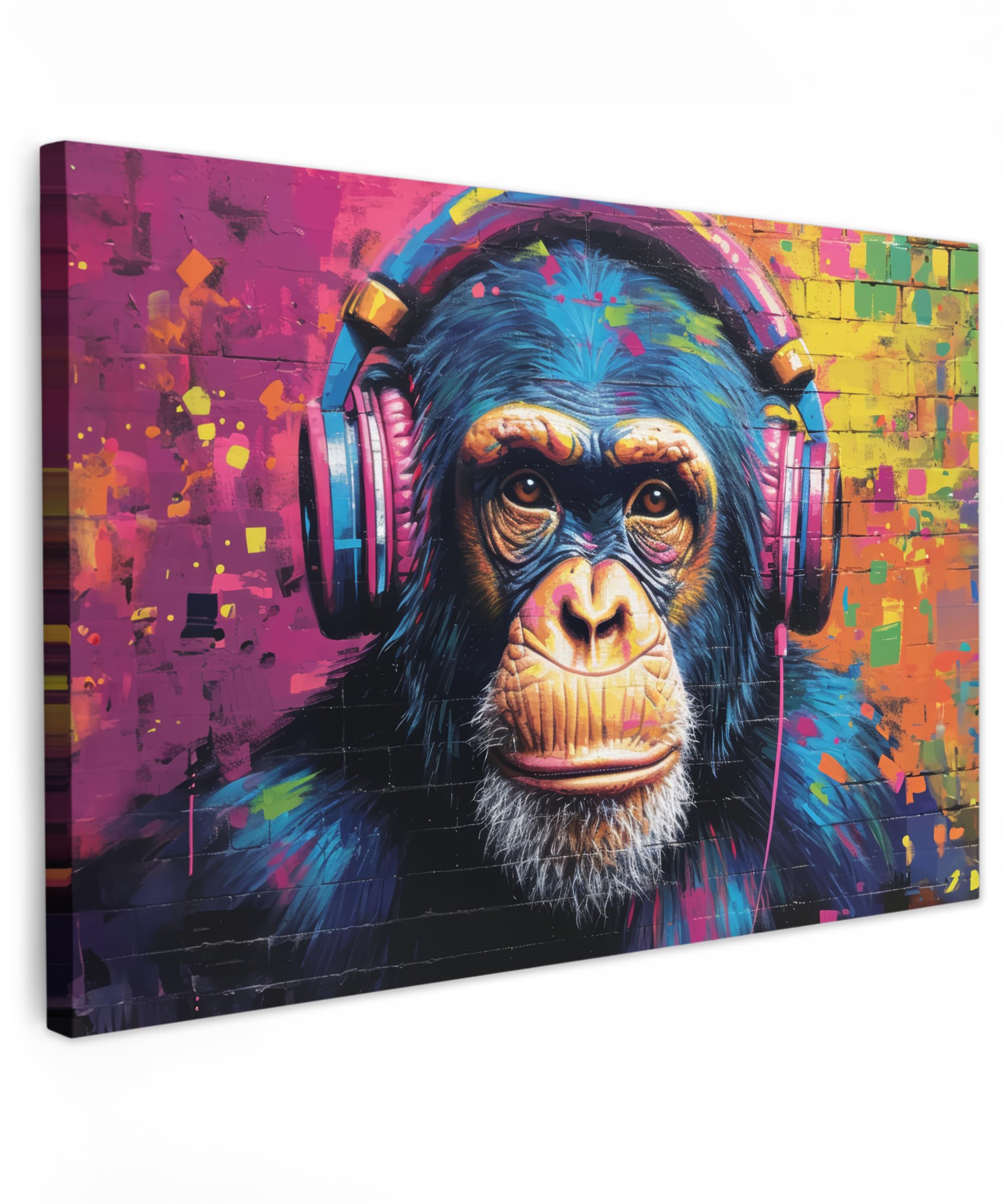 MuchoWow© Canvas Wall Art 35"x24" / 90x60 cm Home Decor Paintings for Living Room Decorations Gifts Hallway Graffiti - Chimpanzee - Street art - Headphones - Monkey - Banksy