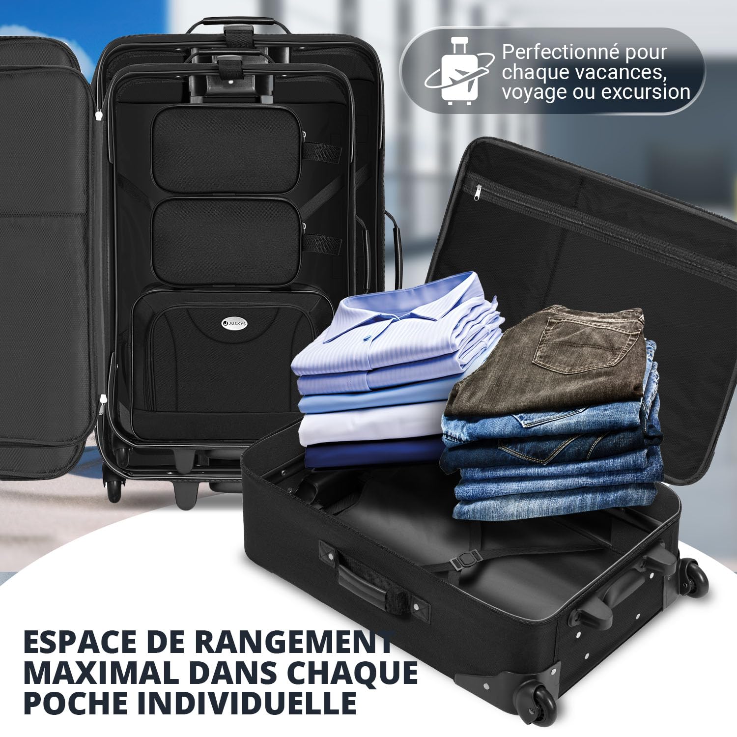 Juskys Trolley Ensemble de valises 5 pièces - 60 et 34 litres, 2 Roues, Coque Souple, Tissu Hydrofuge, légères, Bagage à Main - valises Noires