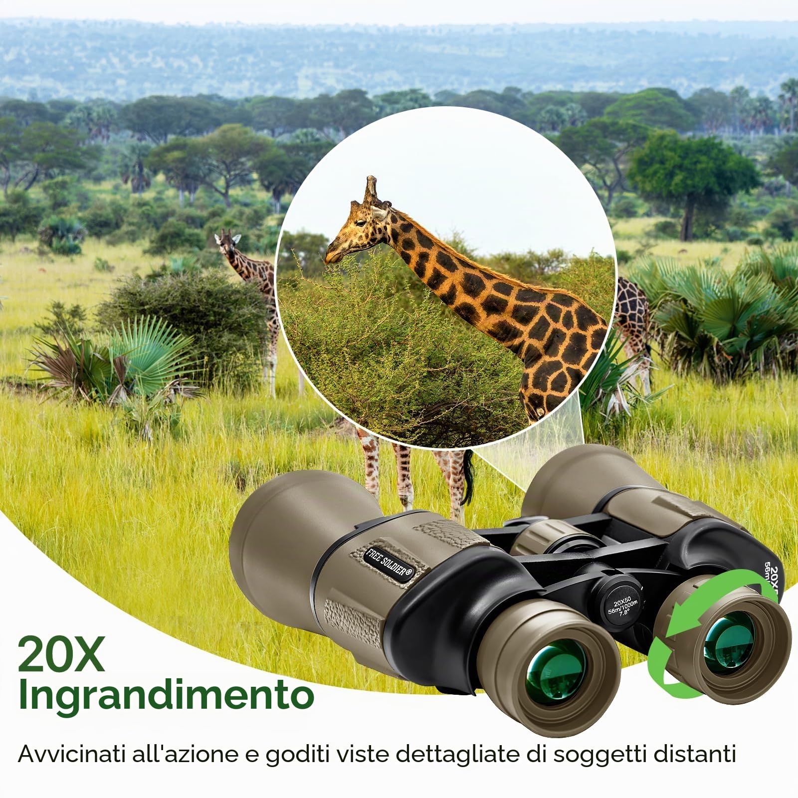 Binocolo militare da 20 x 50 per adulti con adattatore per smartphone, compatto e impermeabile, per birdwatching, caccia, concerti, viaggi, teatro con lente BAK4 Prism FMC, fango