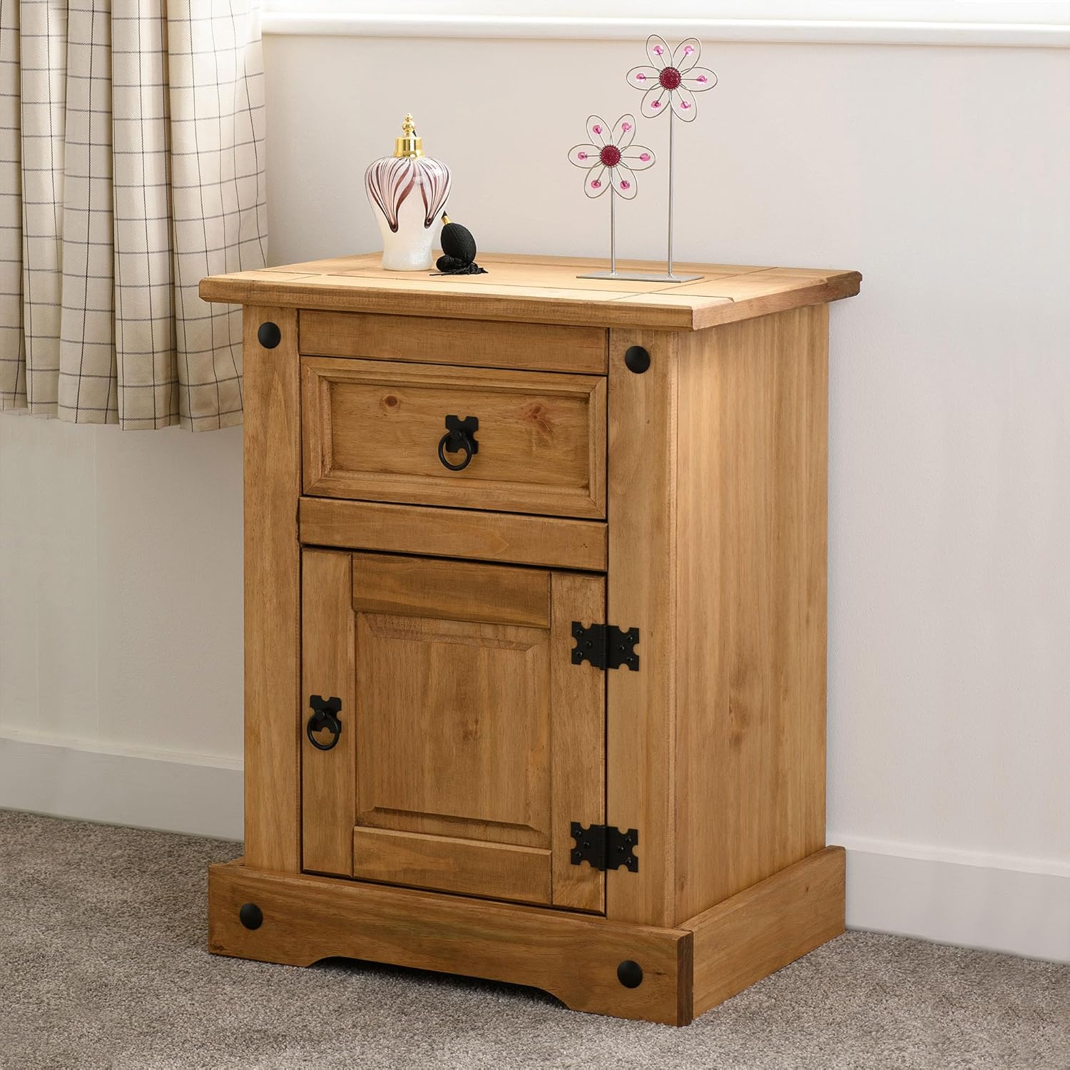 Corona 1 Drawer 1 Door 17-Inch Wide Bedside Table - Reforested Wood Single Nightstand - Smart Space-Saving Compact Furniture - Easy to Assemble - Seconique