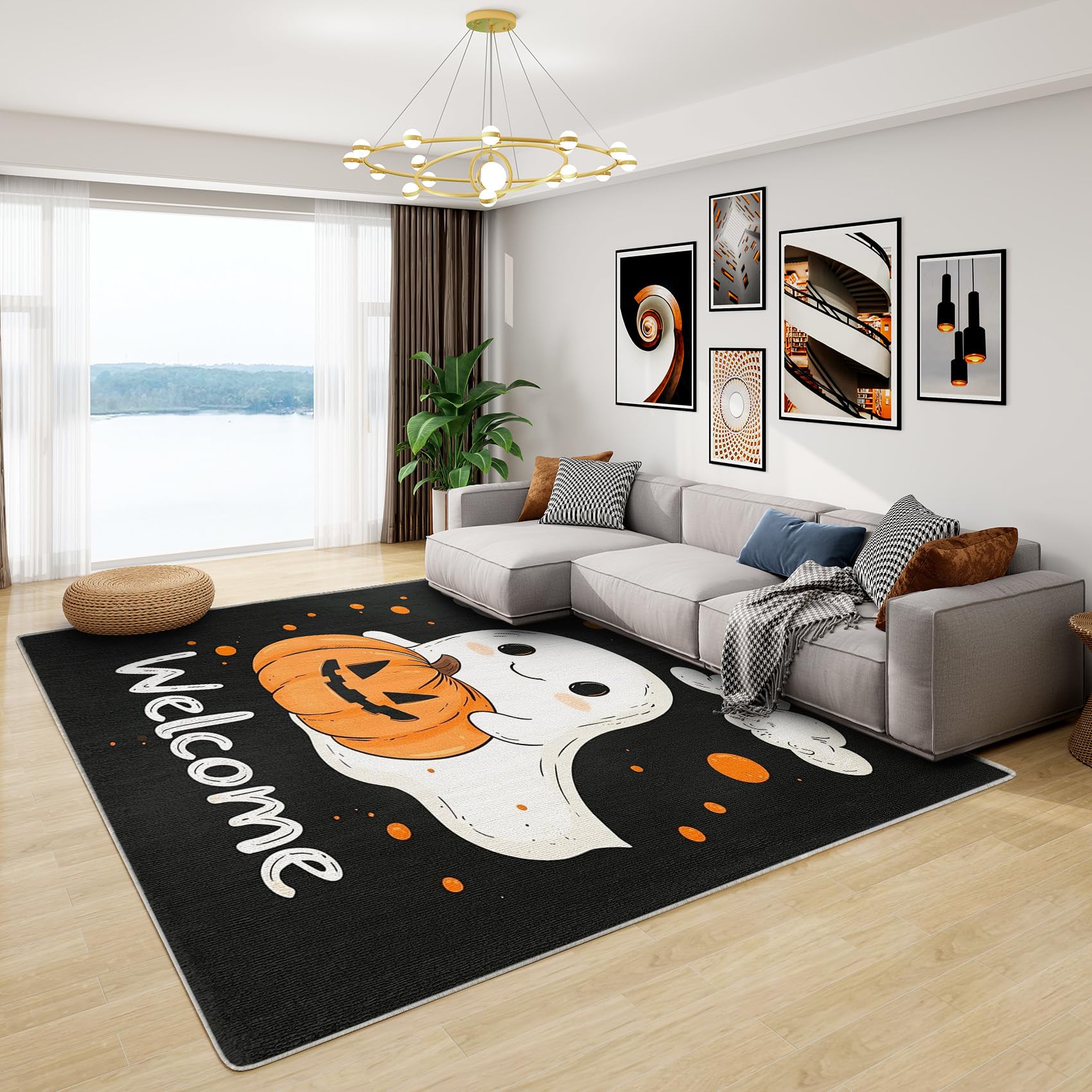 Halloween Welcome Mat - Cute Ghost Rug, Pumpkin Rugs for Living Room Bedroom, Washable Non Slip Soft Square Carpet, Patterned Area Rugs & Home Decor 120x120 cm