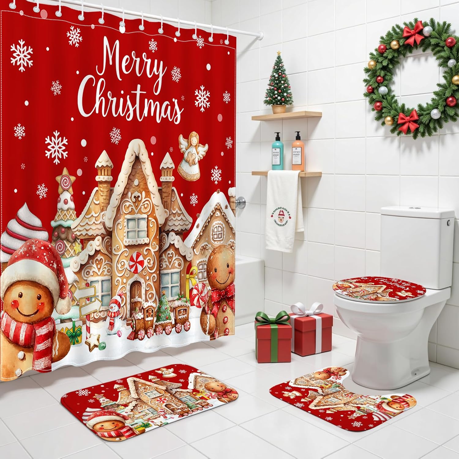 Mocsicka 4Pcs Christmas Shower Curtain Set, Cute Red Xmas Gingerbread-Man Shower Curtain Set with Non-Slip Washable Bath Rugs, Toilet Lid Cover Gingerbread House Christmas Bath Decor Accessory
