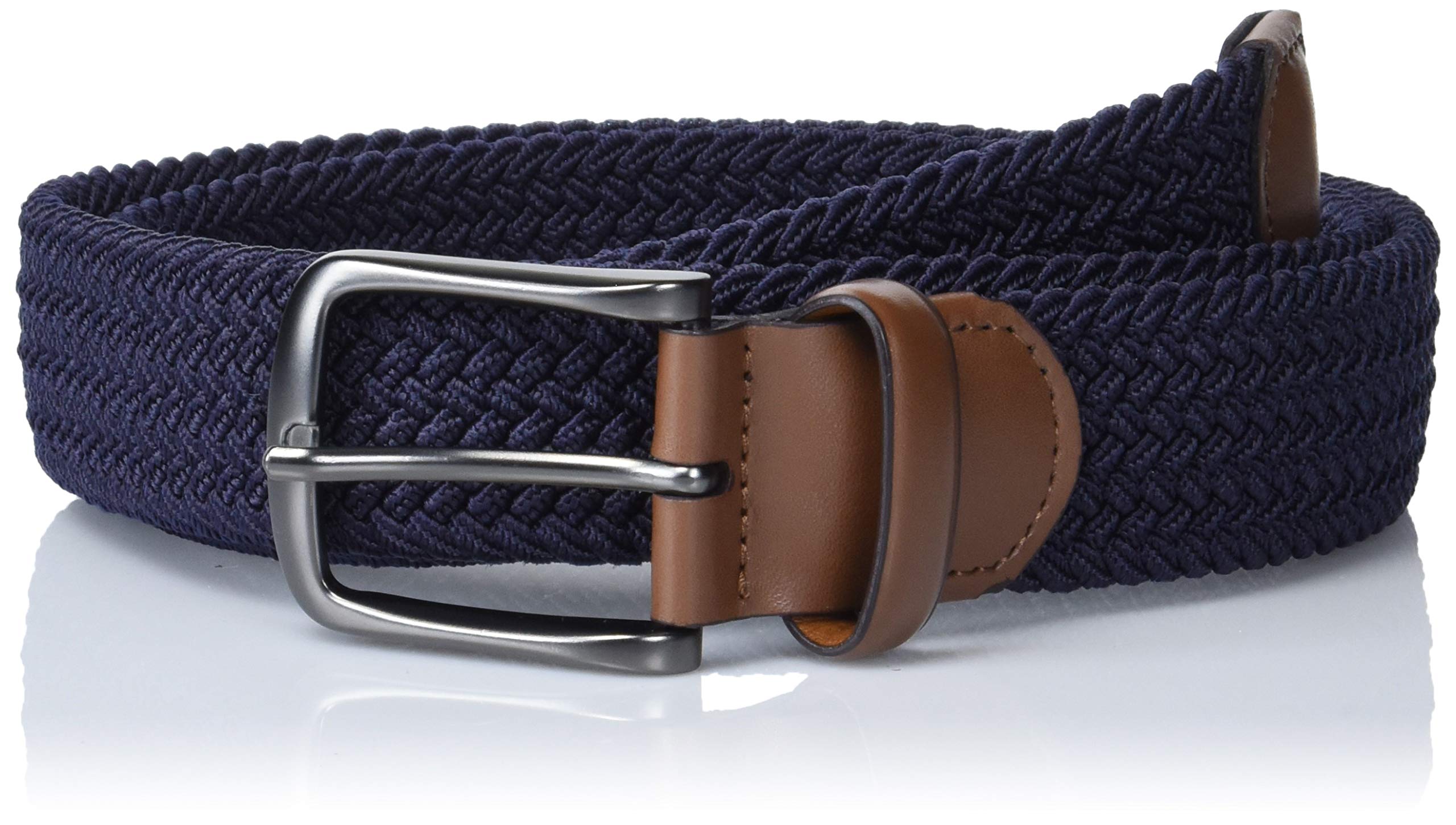 Perry Men's Woven Belt with Stretch Leather-Trim Fabric, Navy, Medium (34 - 36)