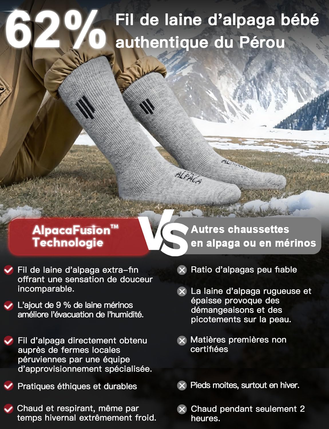 Juclise Calcetines de lana de alpaca para hombre y mujer, calcetines térmicos gruesos para clima frío, ideales para caza y senderismo, absorben la humedad