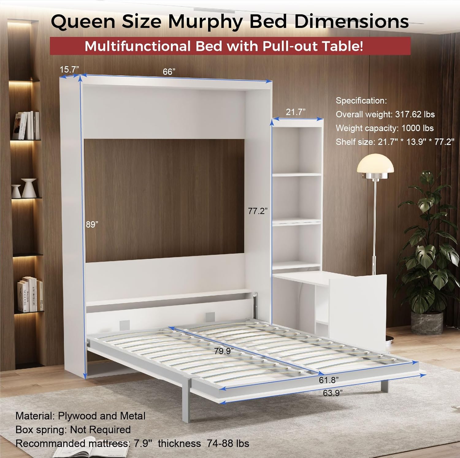 Dimensions of the Queen Size Murphy Bed with pull-out table