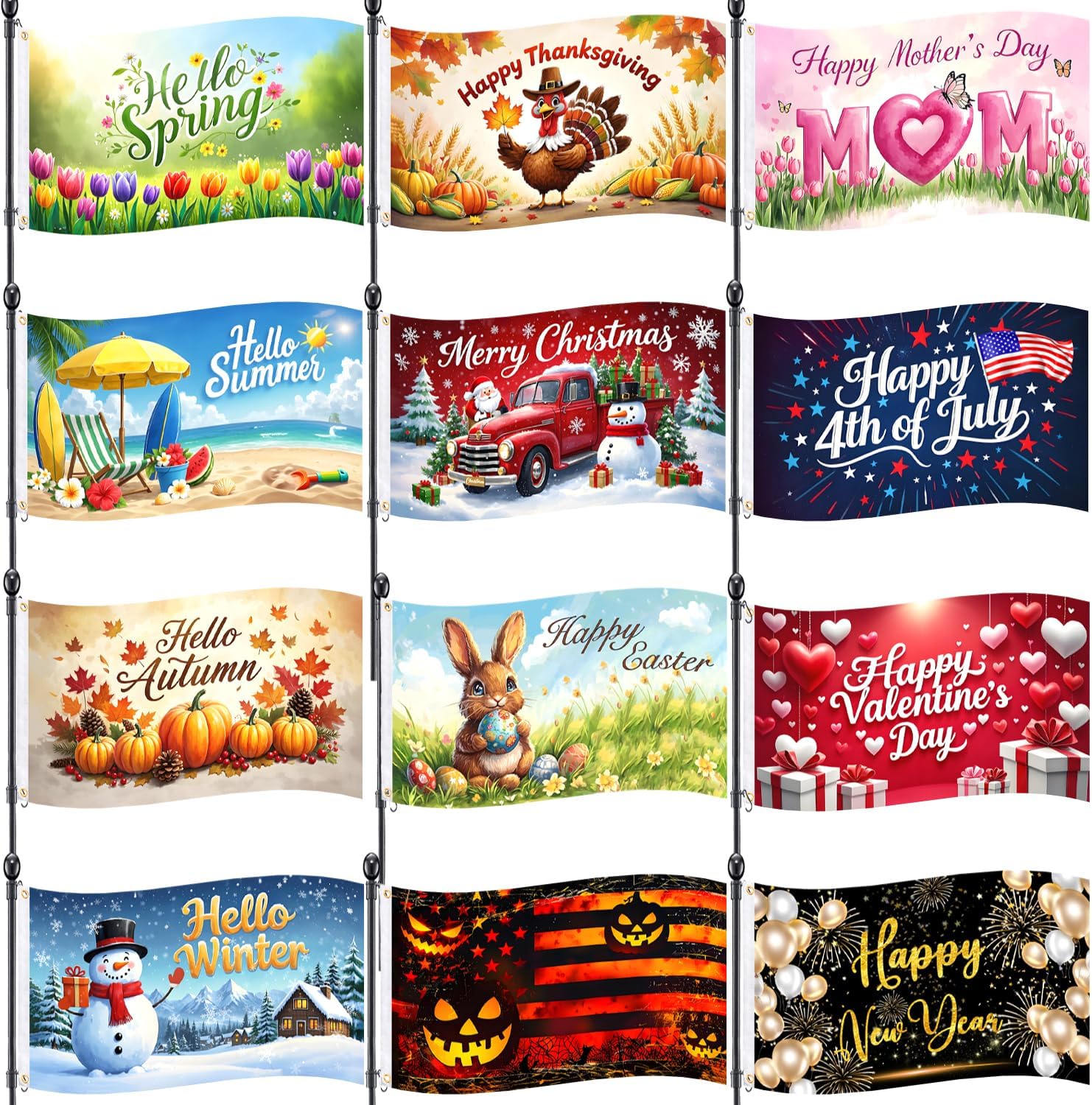12 Pcs Seasonal Garden Flags 3x5 ft Double Sided All Weather Outdoor Yard Flags with Brass Grommets - Holiday House Banners for Spring, Summer, Fall, Winter, Easter, 4th of July, Halloween, Christmas, Double Stitched Edges