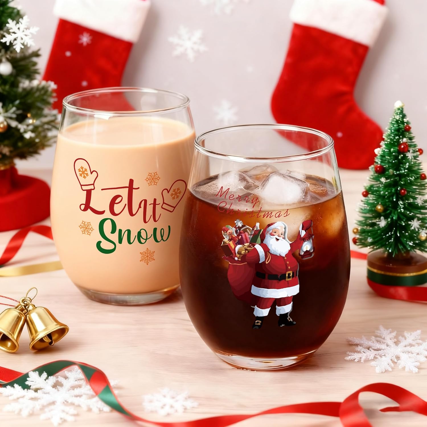 Merry Christmas Decor - Set of 4 Stemless Wine Glasses 17Oz, Xmas Party Decor Snowman Gift Box Wine Glass, Let It Snow Wine Glass for Friends Family - Image 5