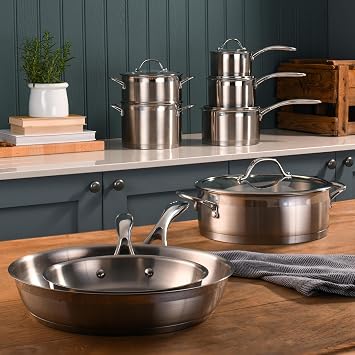 ProCook Professional Stainless Steel Cookware Set Uncoated Induction & Oven Safe Pans Cooking Pots - 8 Piece,14/16/18cm Saucepans, 20/28cm Frying Pans, 20cm Stockpot & Steamer, 24cm Сasserole Dish