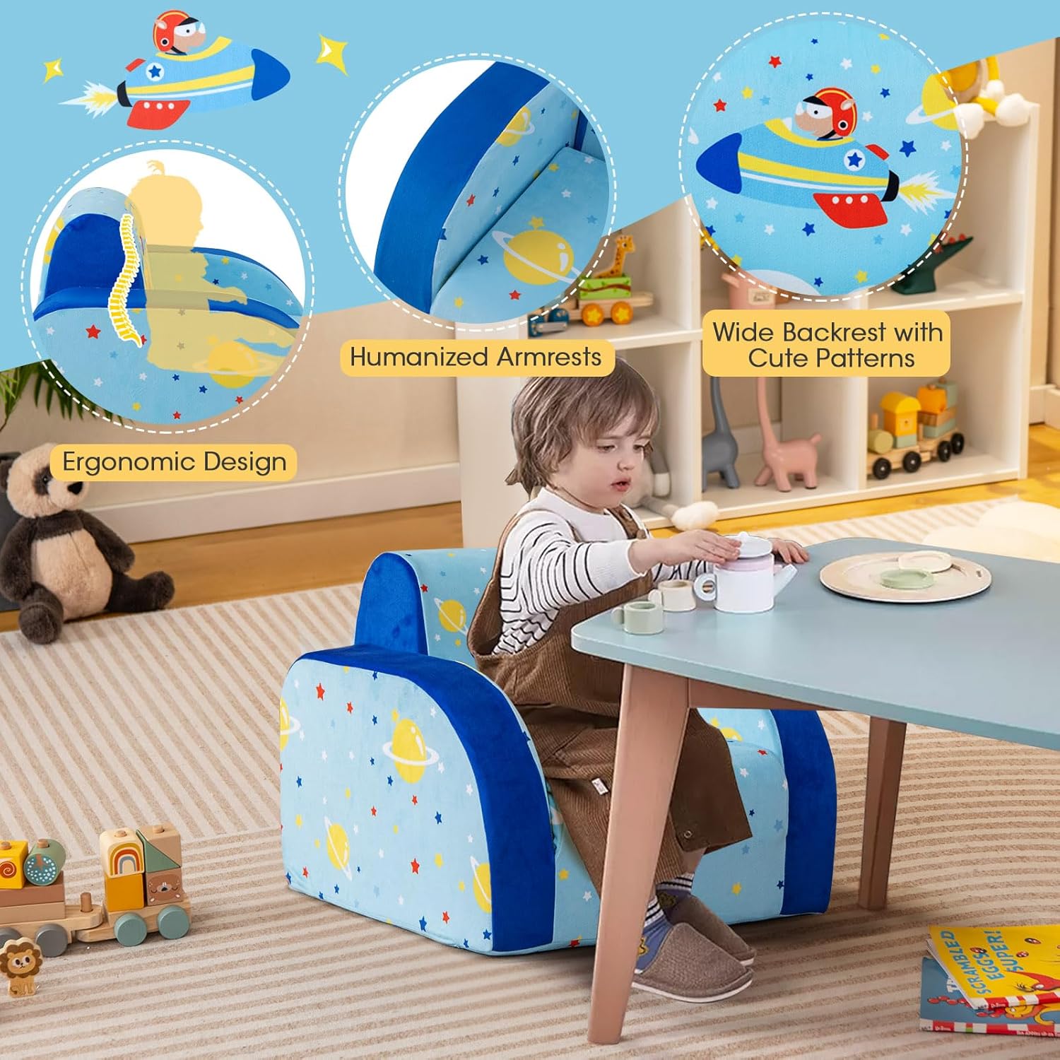 HONEY JOY Kids Sofa, 3-in-1 Convertible Children Folding Sofa & Comfy Flip Open Lounger for Play, Foam Toddler Couch Fold Out, Gift for Boys Girls (Light Blue)