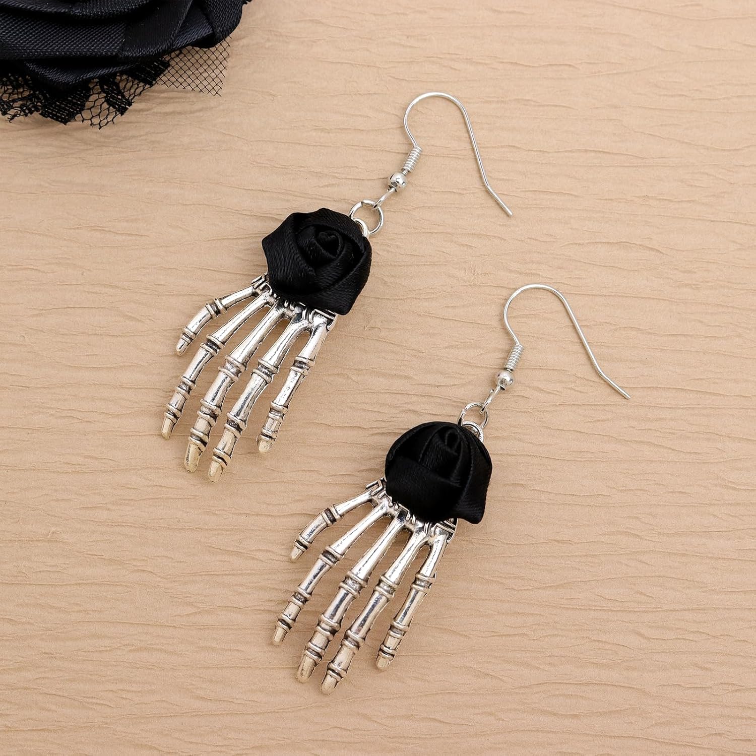 Gothic Halloween Silver Skeleton Hand Red Black Rose Earrings for Women, Goth Punk Skull Hook Earings Costume Accessories Prom Fashion Gift - Image 4