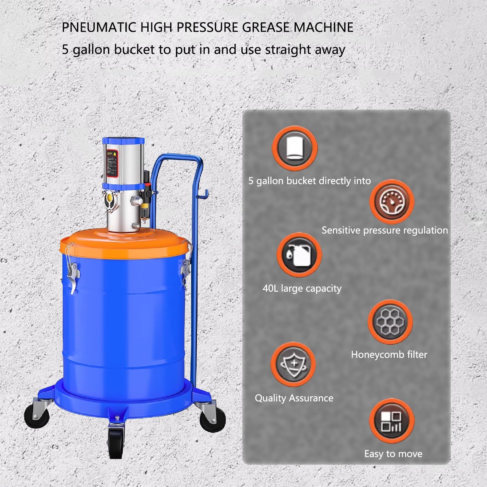 Bomba de grasa neumática con regulador de presión para tambores de 5 galones, relación de presión 70:1, ideal para máquinas herramientas y engrasado de equipos automotrices