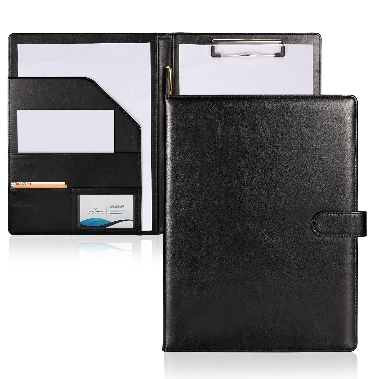 SITHON Portapapeles con Pinza, Carpeta Clip A4, Portafolios de Cuero sintético con Bolsillo Interior, Carpeta Portapapeles con Tapa para Escuela Hogar Oficina Plegar Portapape, Negro