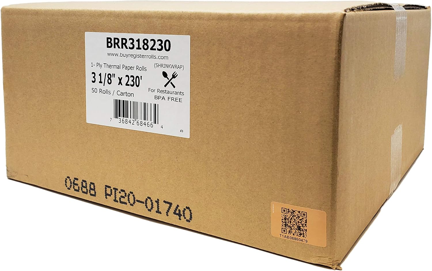 BuyRegisterRolls [Pack of 50 PrePrinted Rolls] Width 3 1/8 Thermal Paper x 230 Feet Length Restaurant (Fork & Knife) Design On Back Of The Rolls Without Core