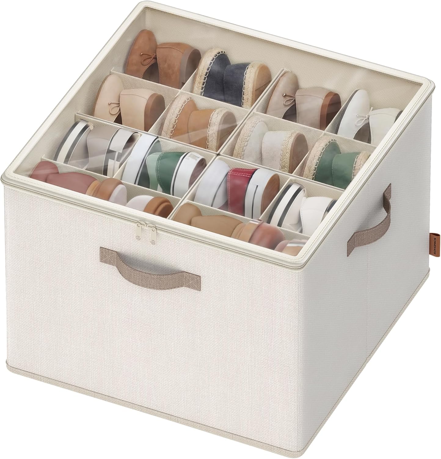 SONGMICS Shoe Organizer for Closet, Fabric Shoe Organizer Box with Adjustable Dividers, Storage Compartments, Stackable, Transparent Lid, for up to 16 Pairs, Set of 2, Dove Gray ULSP622GD01
