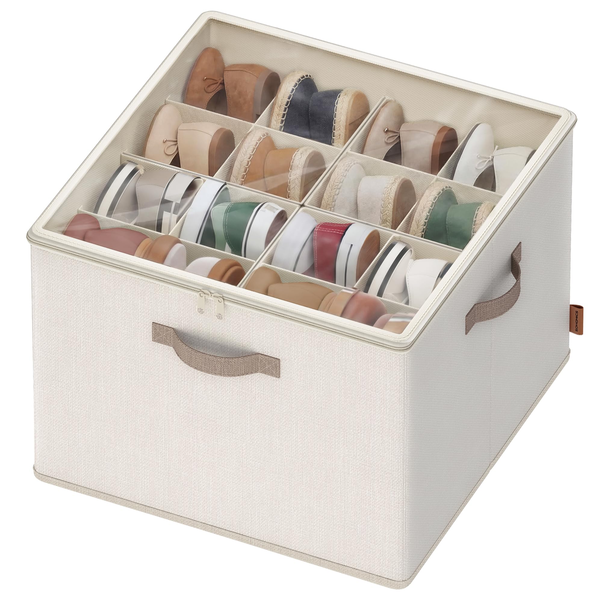 Songmics Cappuccino Beige Shoe Organiser For Up To 16 Pairs, Space-Saving Shoe Storage, Adjustable Dividers, Stackable, Transparent Lid, For Closet, Lsp621lh01