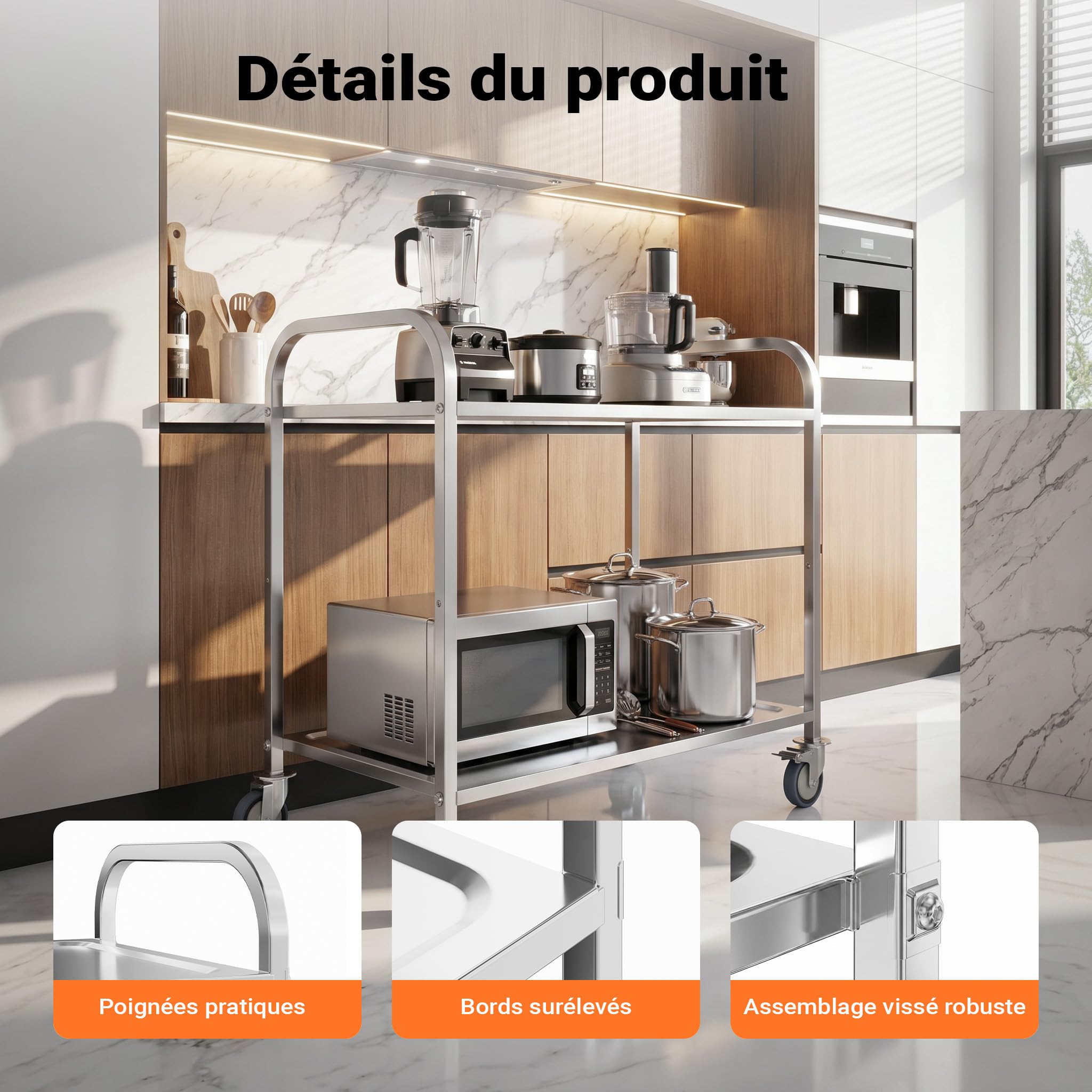 WilTec Chariot de Service – 940 x 560 x 940 mm – Acier affiné – 2 Étagères – Jusqu’à 150kg – Desserte Table servante Mobile avec Frein