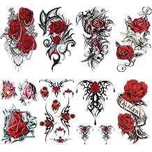 Large Sexy Red Rose Temporary Tattoos for Women Thigh, Realistic Flower Rose Fake Tattoo Adult Girl Chest Half Arm Sleeve, Color Big Floral Temp Tatoo Sticker Back Waist Hip Body Art Makeup, 8-Sheet