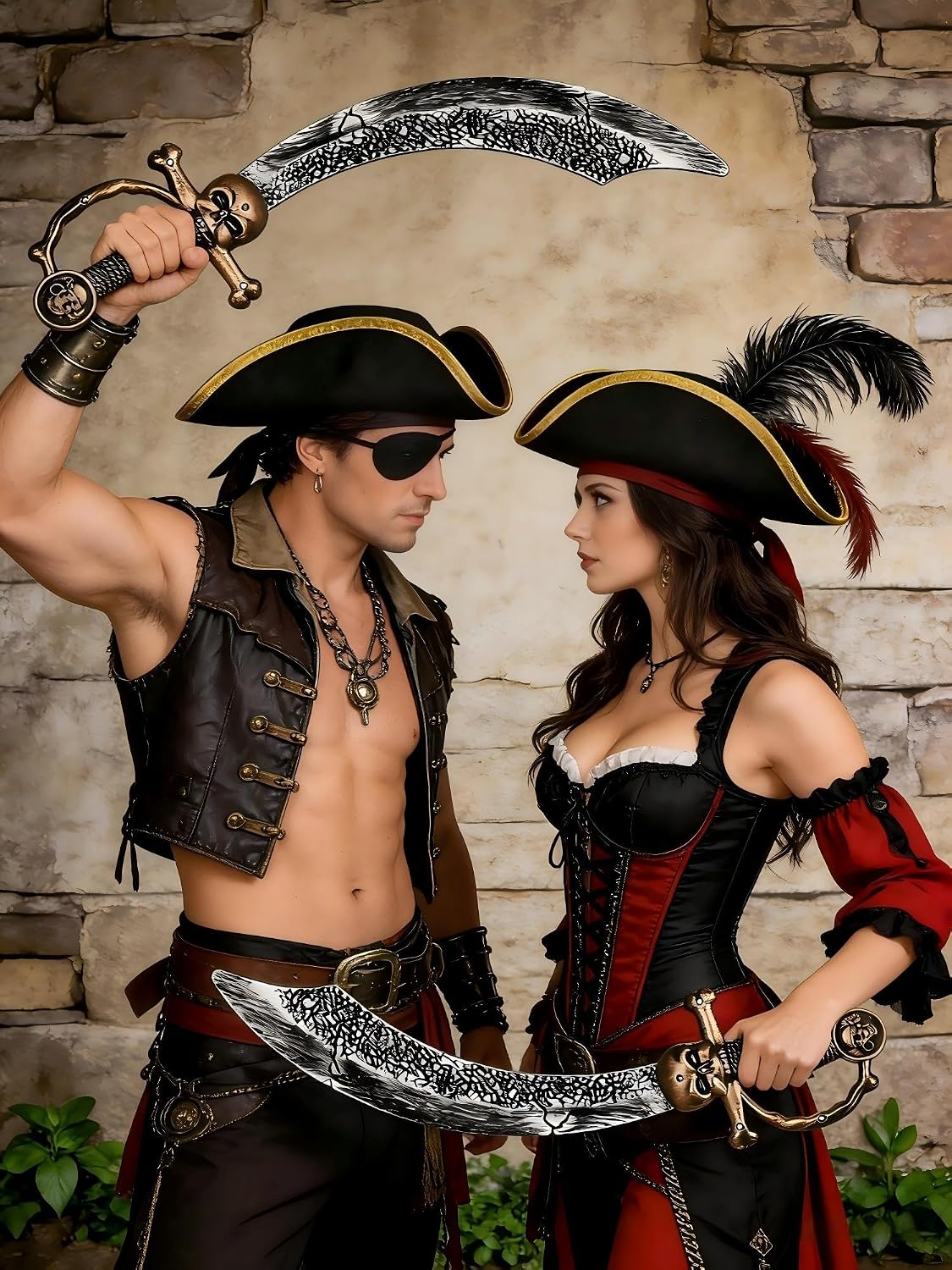 Pirate Sword 2PCS, 18'' Fake Plastic Pirate Sword Prop Accessories for Adult Halloween Costume Black