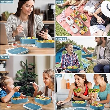 Bento Lunch Box Stackable,1400ml Containers with 4 Compartments and Cutlery, Leakproof 2 Layer Boxes, for Adults Kids Office, Microwave Dishwasher Safe (Blue)