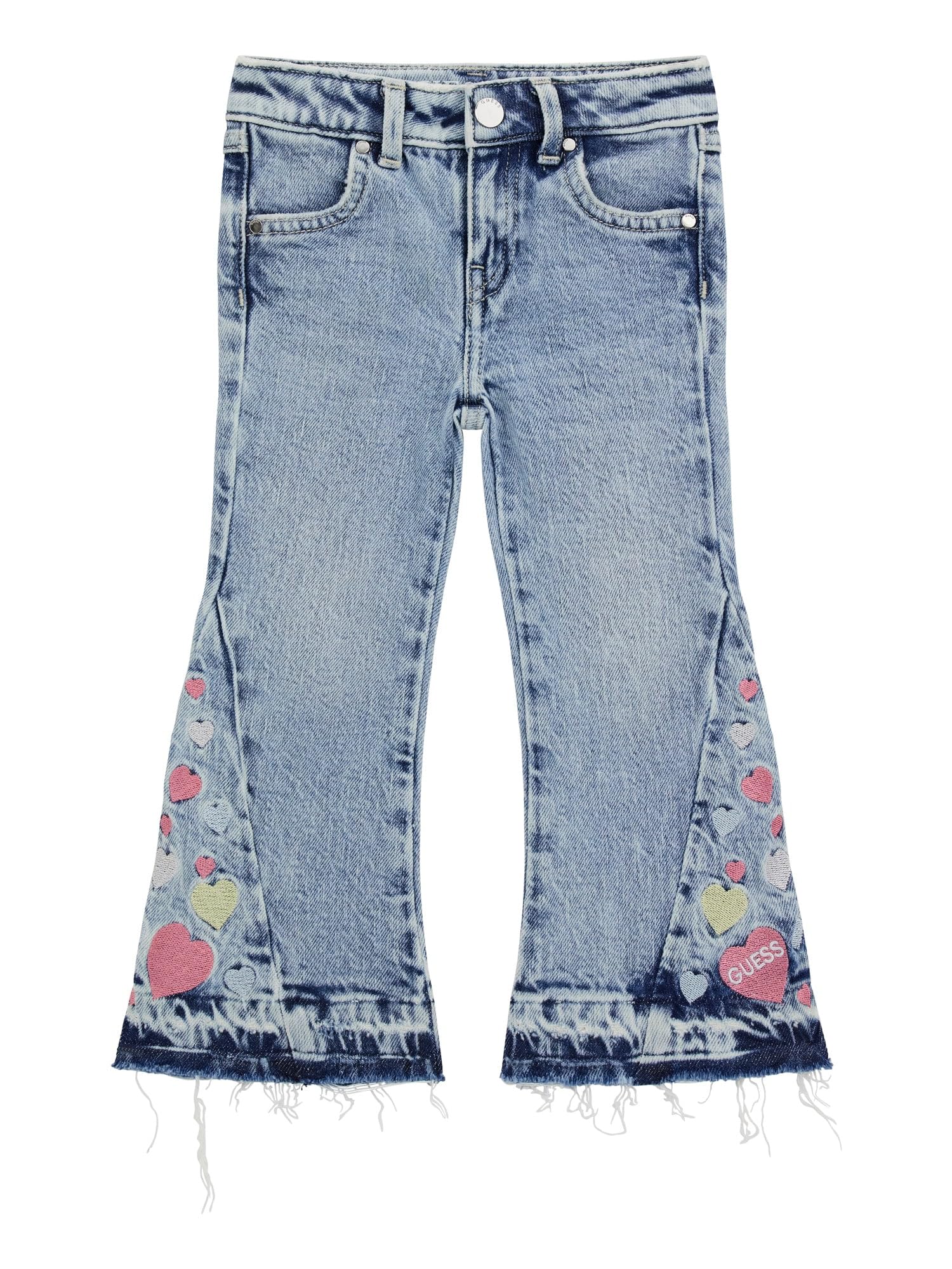 GUESS Pantalones acampanados bordados de mezclilla elástica para niña