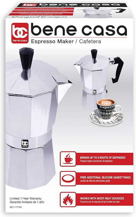 Amazon.com: Bene Casa 9 tazas de aluminio espresso maker, cafetera de café  expreso superior de la estufa, toma individual, cafetera espresso apta para  lavavajillas con boquilla lateral para verter : Hogar y