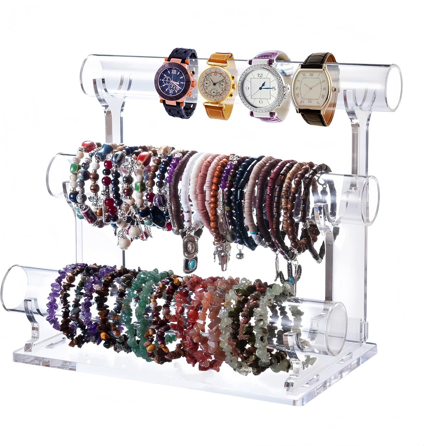 Acrylic Bracelet Holder with 3 Tier Jewelry Organizer Stand Racks, Acrylic Necklace Holder Display Stylish Crystal Bangle Bracelet Holder for Selling,Invisible Detachable Watch Holder