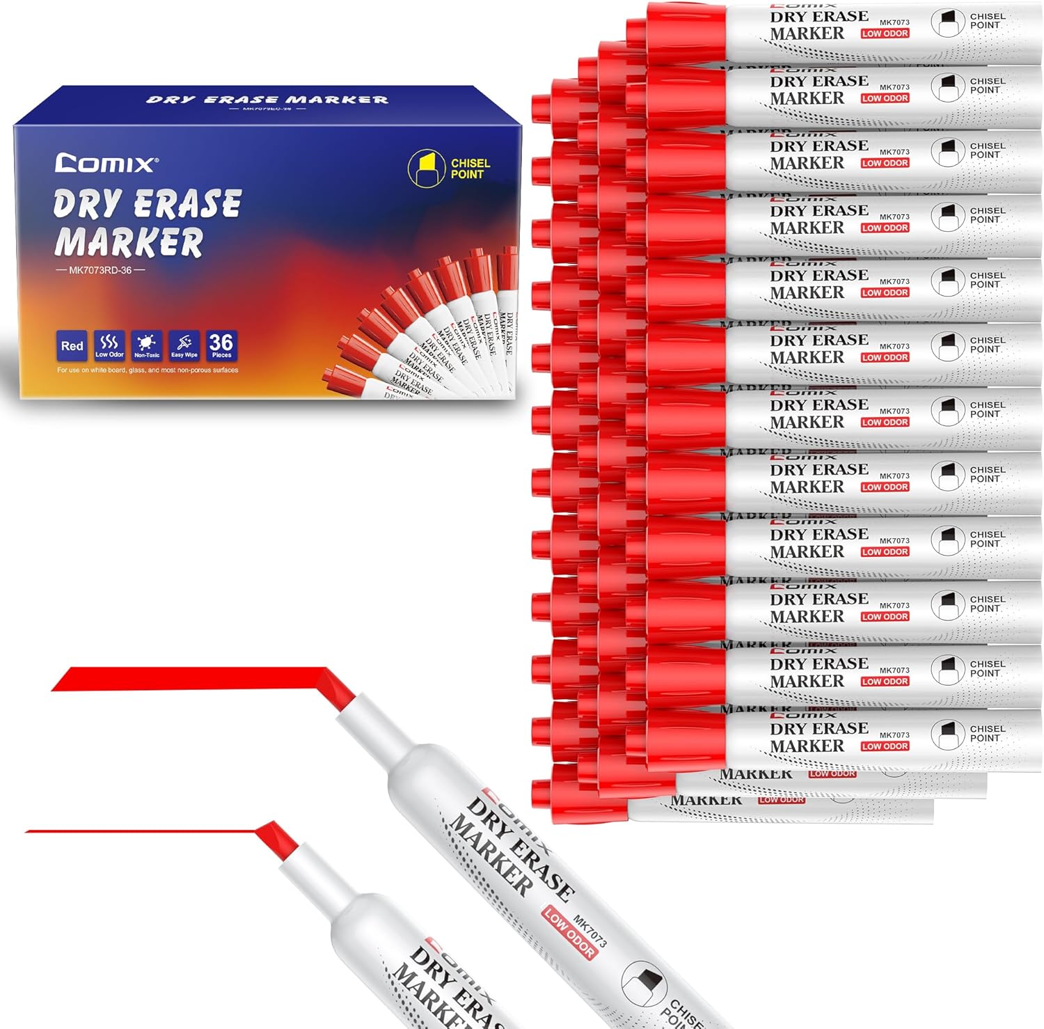 Comix Low Odor Dry Erase Markers, Chisel Tip, Red Color, 36 Count Whiteboard Marker for Office, School, Classroom, Teachers