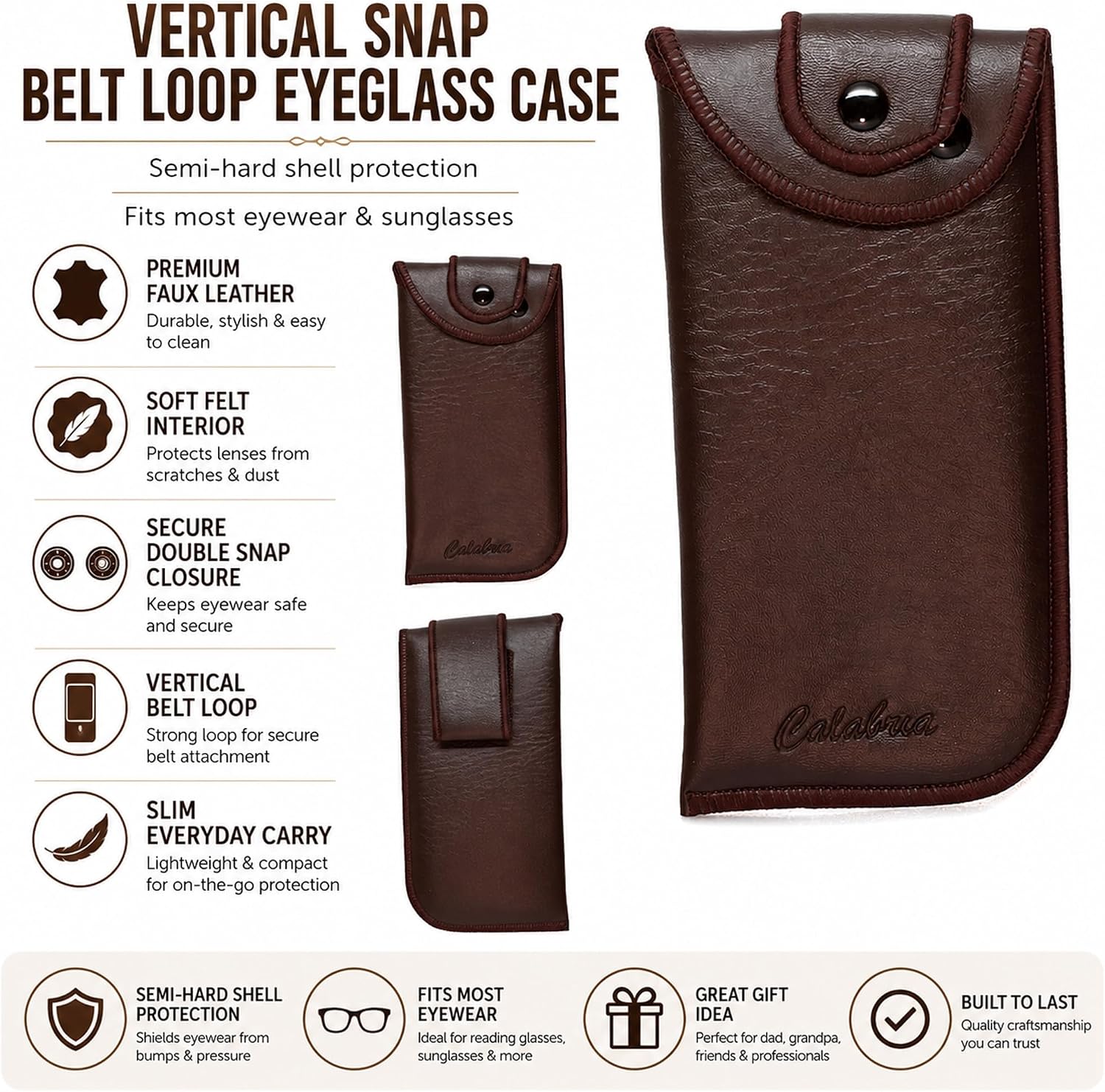 Calabria Vertical Snap Belt Loop Eyeglass Case Black Brown 4Pack PU Leather Eye Glasses Holder Sunglass Pouch Button Closure