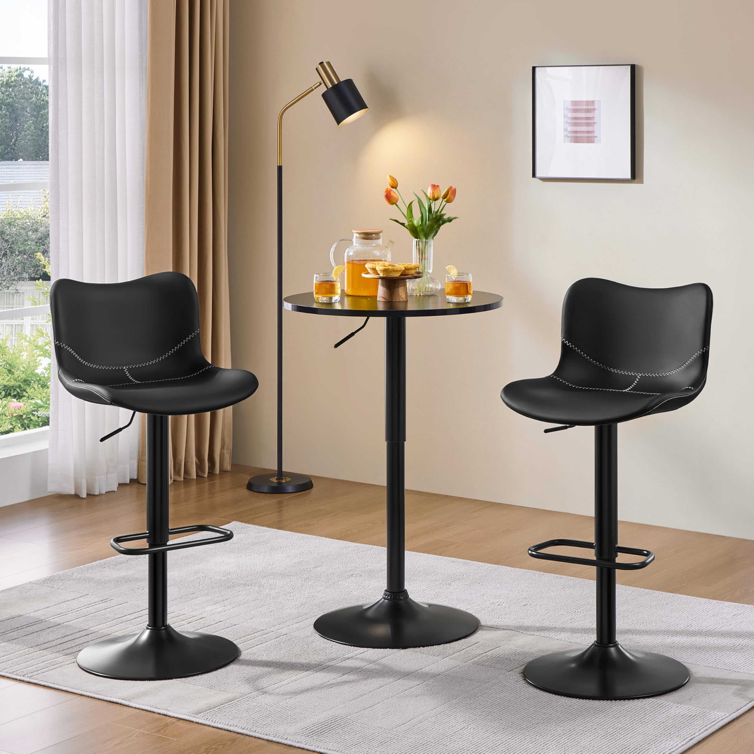 Yaheetech Tabourets de Bar Lot de 2 Réglable Hauteur - Noir | Hauteur Réglable 89-111cm avec Dossier | Charge Max 136kg, Base Métal Stable | Similicuir Hydrofuge | Cuisine, Bar, Salon