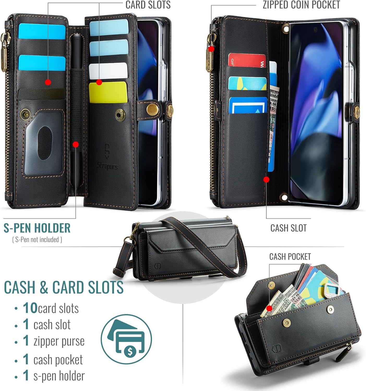 Crossbody Wallet Case Compatible with Google Pixel 9 Pro Fold RFID Blocking 10-Card Holder Soft PU Leather Magnetic Snap Shoulder Strap Zipper Phone Case Fit for Pixel 9 Pro Fold - Black