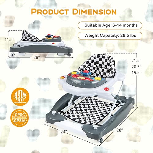 Miniatura 7 de BABY JOY Andador de bebé 6 en 1, andador plegable con ruedas, altura ajustable, música, luces, modo gorila y balancín, andadores de bebé para niños