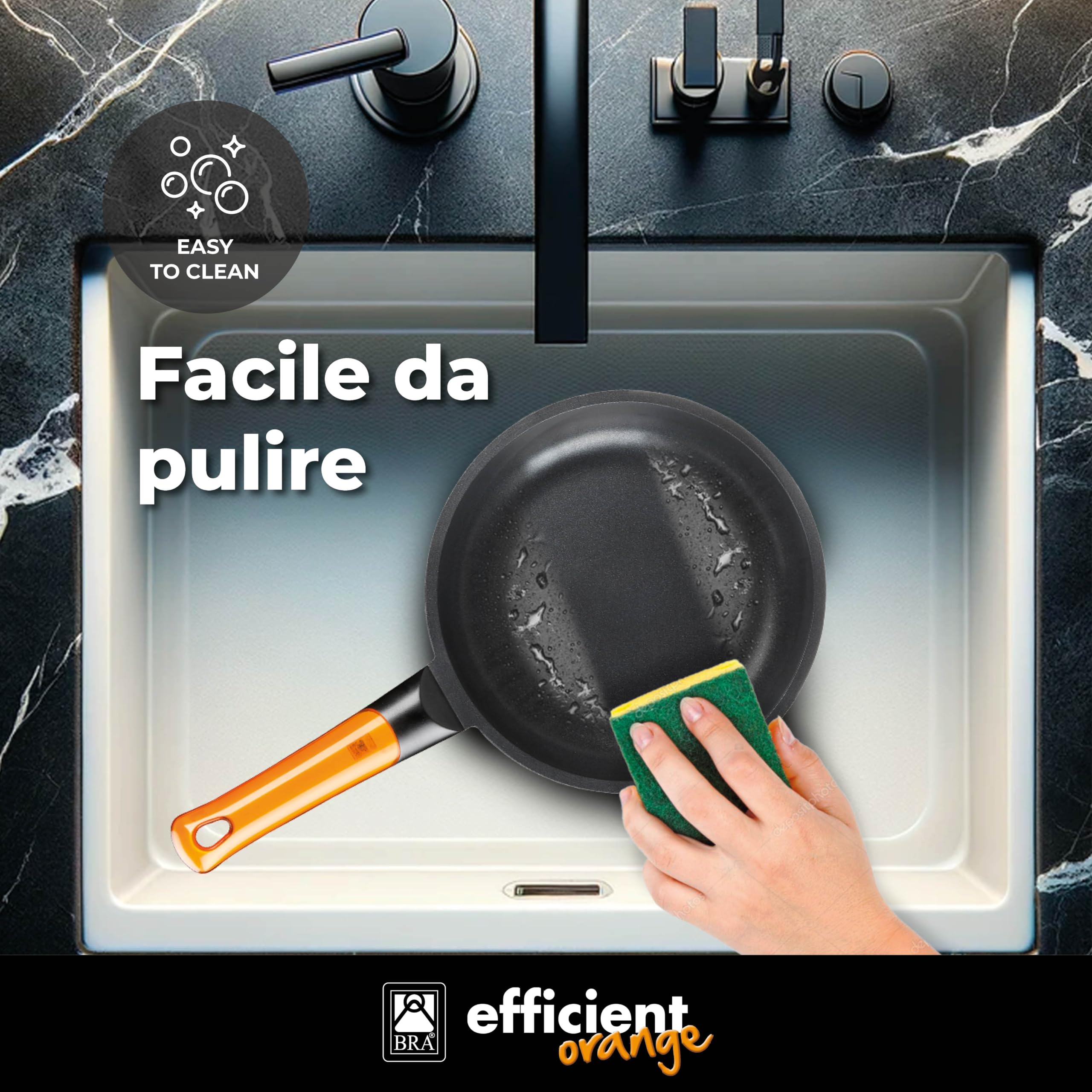 BRA Efficient Orange | Padella fonda 28 cm, alluminio fuso | Antiaderente Platinum Plus, Senza PFOA, Adatta a tutti i tipi di piani cottura, induzione inclusa
