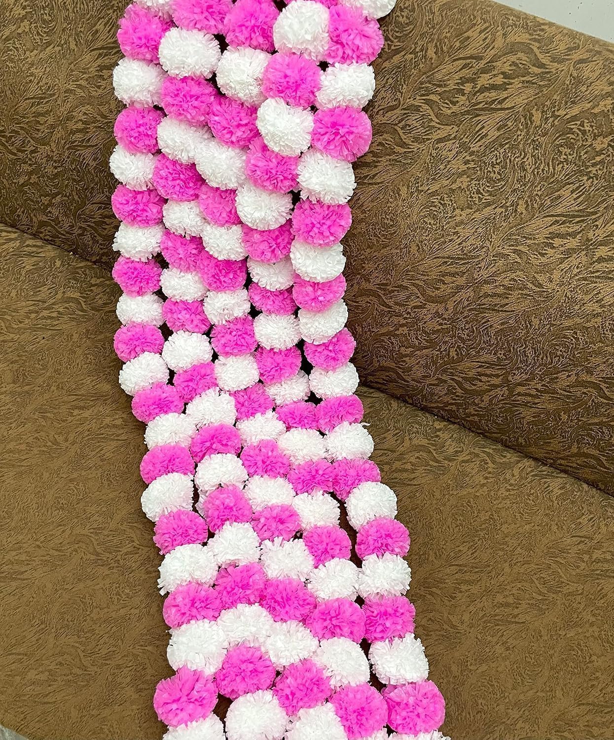 Artificial Marigold Flower Garlands, White and Pink, Pack of 5, Fluffy Wedding Party Decoration