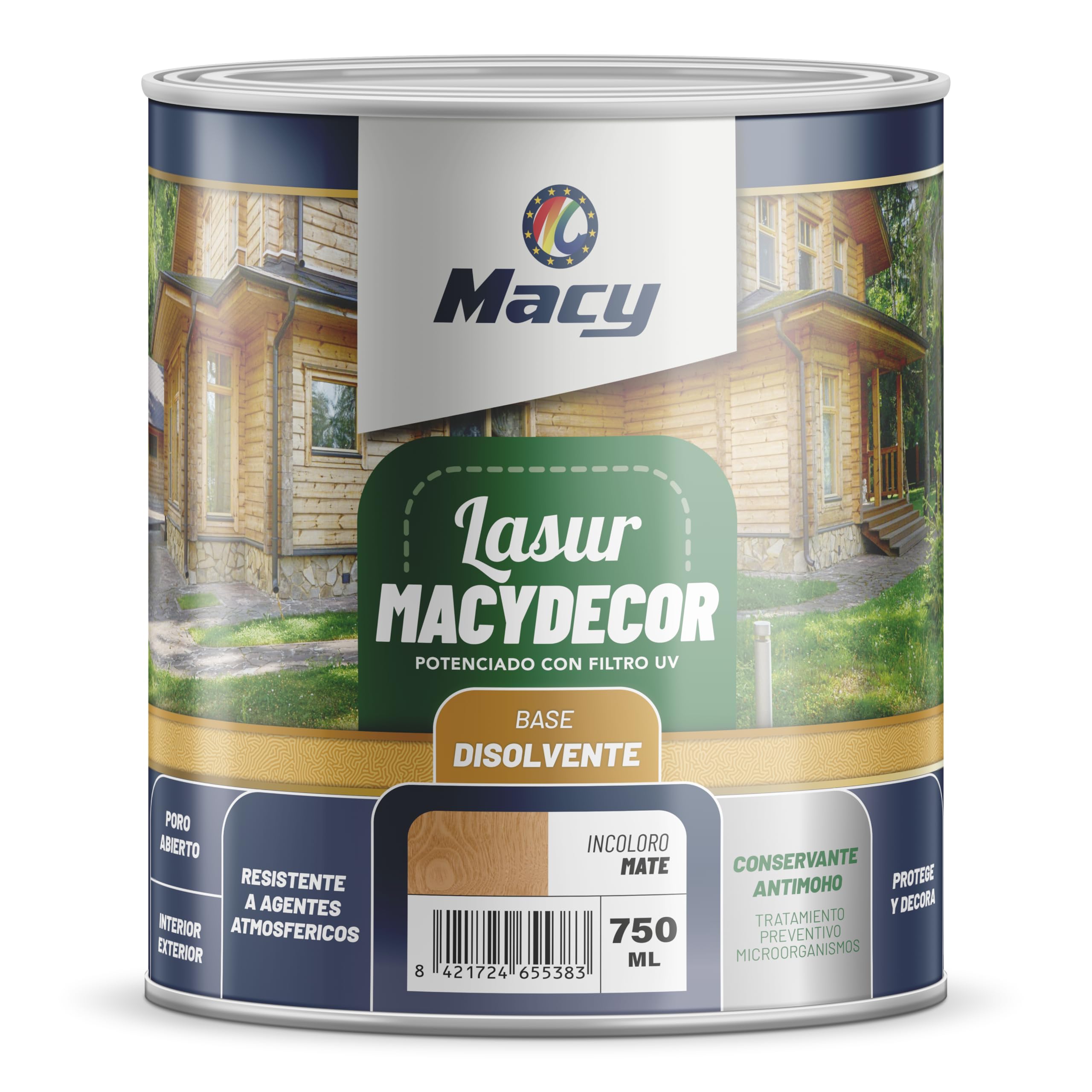Macydecor Lasur Satinado Reforzado con Filtros U.V. Listo al Uso. Color Pino Tea. 4 Litros