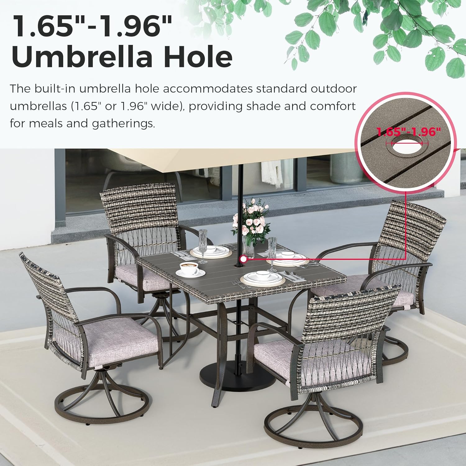 Pamapic 5-Piece Outdoor Dining Set with Swivel Chairs, Rattan Patio Furniture for Backyard, Deck, Garden, Weather-Resistant Iron Slats Table & 4 Chairs with Removable Cushions (Grey)