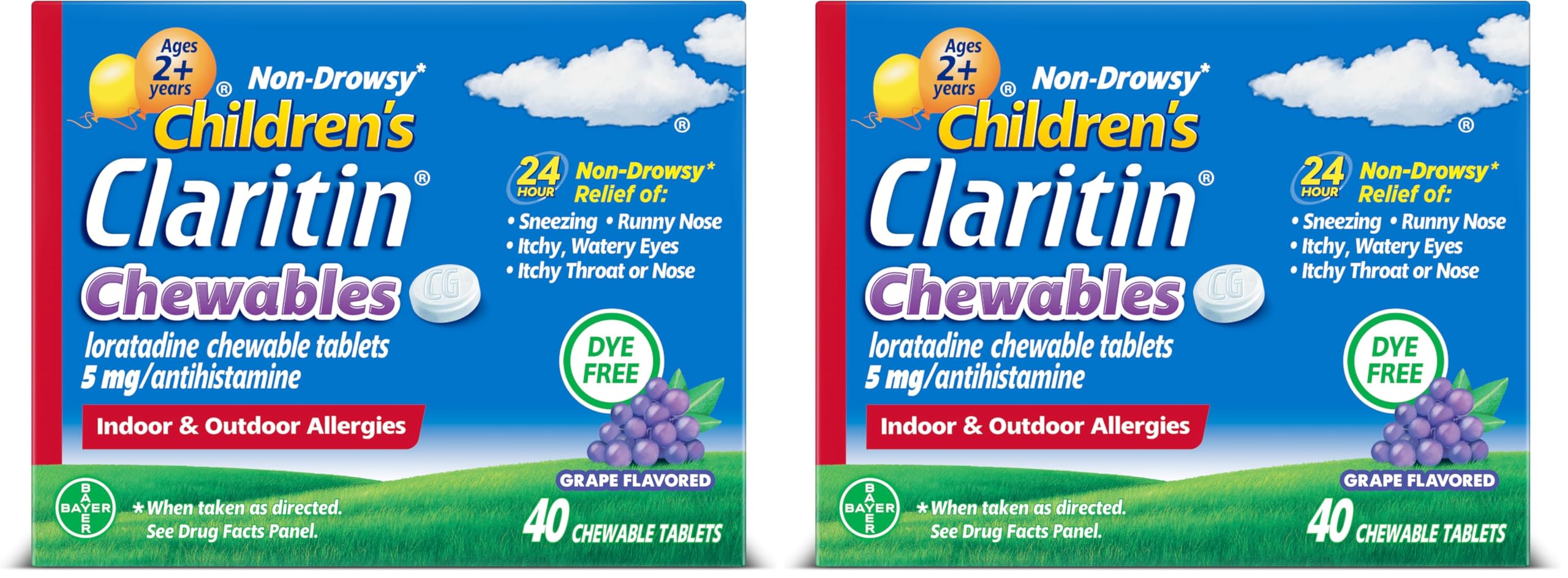 Claritin Children's Allergy Medicine, 24-Hour Non-Drowsy Loratadine 5mg Chewable Tablet, Antihistamine for Kids Ages 2 Years and Older, Grape Flavored, 40 Tablets, (Pack of 2)