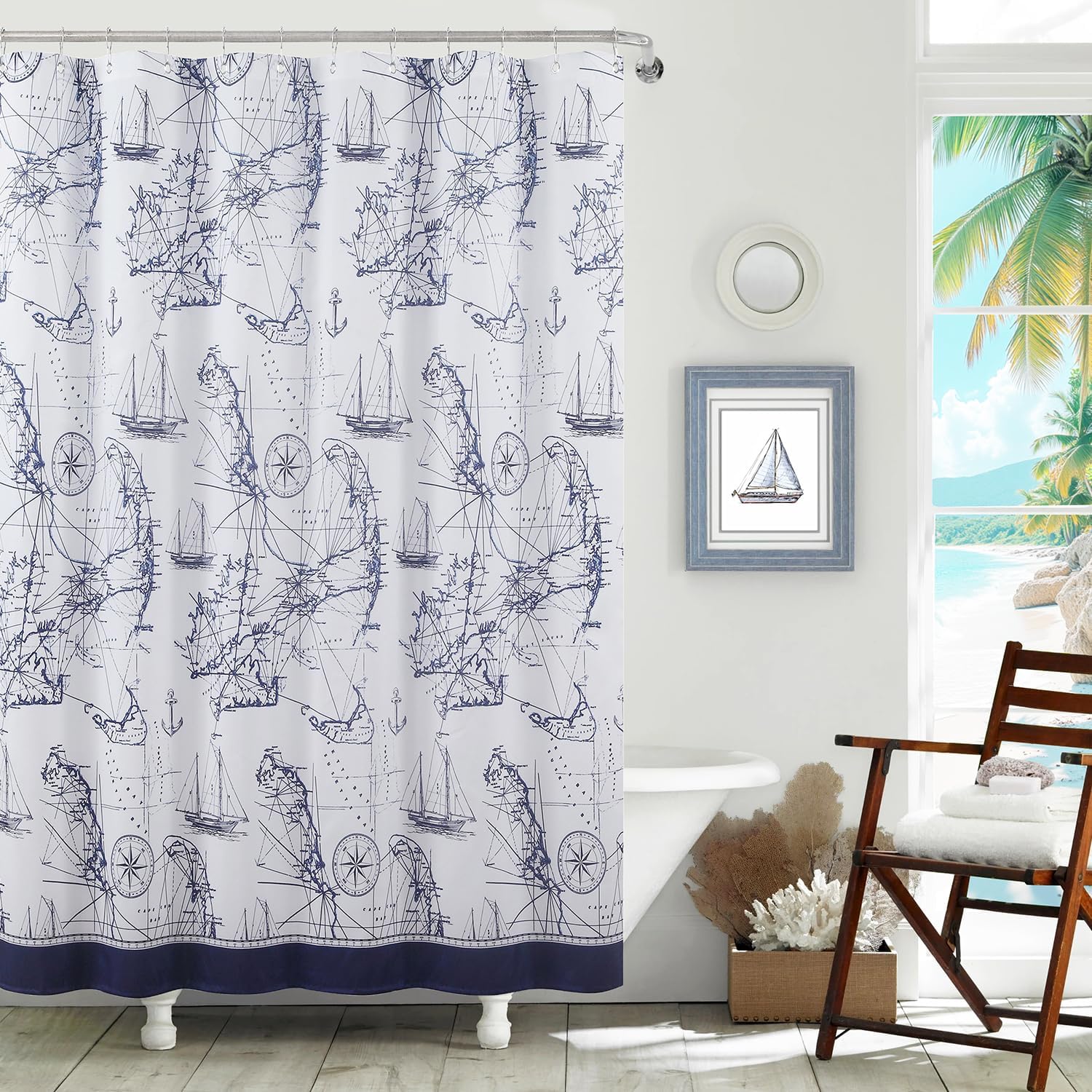 Nautical Shower Curtain Navy and White, Waterproof Polyester Fabric with Anchor Sailboat Print, Bathroom Decor for Coastal Bathroom, 72 x 72 Inches