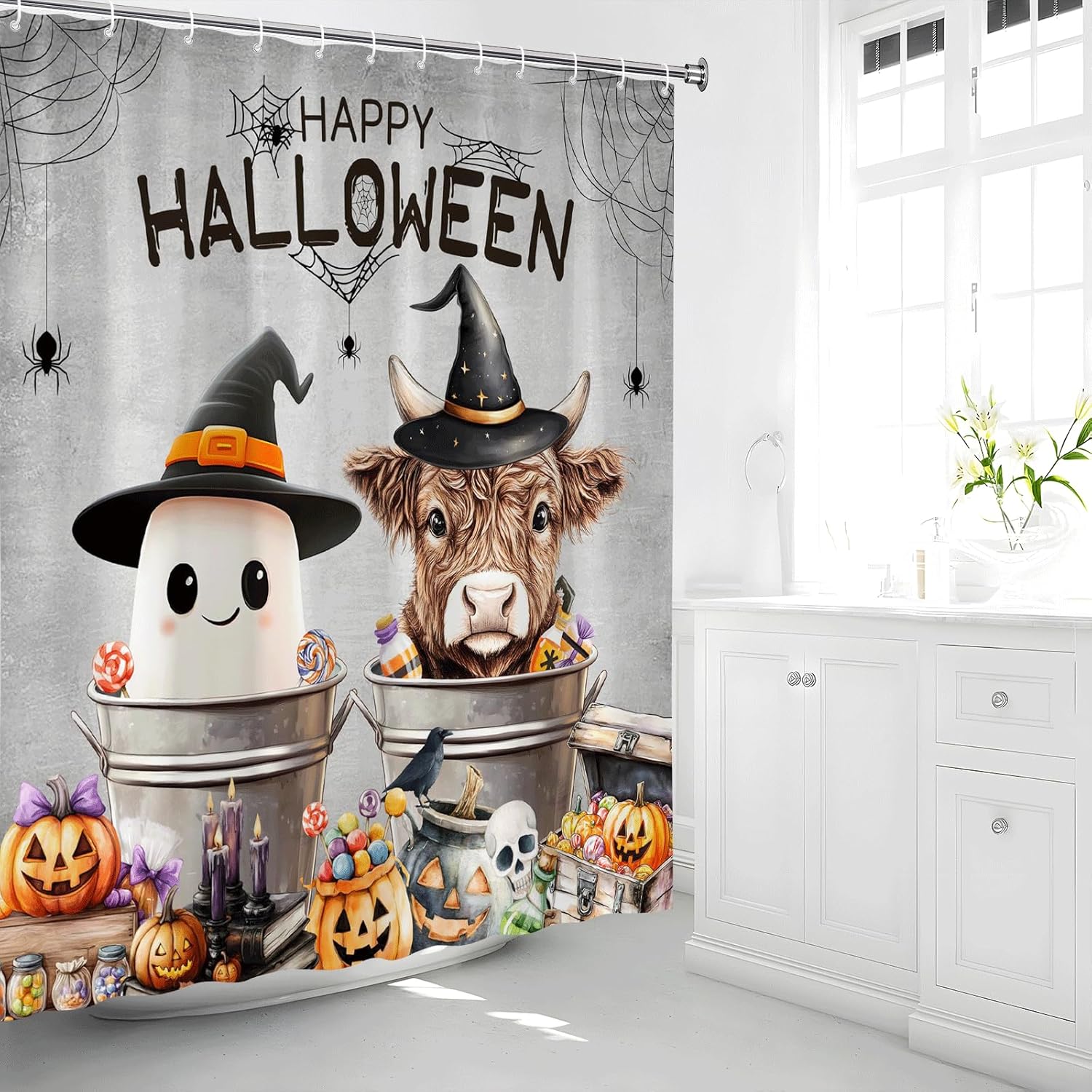 Halloween Shower Curtain Funny Highland Cow Ghost Fall Pumpkin Skull Farmhouse Animal Witch Hat Cute Calf Cattle Crow Spider Web Crow Candy Gothic Bathroom Accessories Fabric with Hooks 70Wx90H Inch