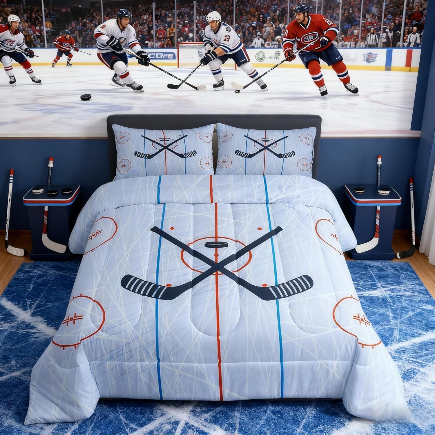 Ice Hockey Kids Comforter Set Queen Size,Hockey Stadium Rink Bedding Set,Boys Girls Adults Bedroom Decor,Winter Event Ball Games Lovers Down Comforter,Modern Stylish Duvet Insert,3pcs,2 Pillowcases
